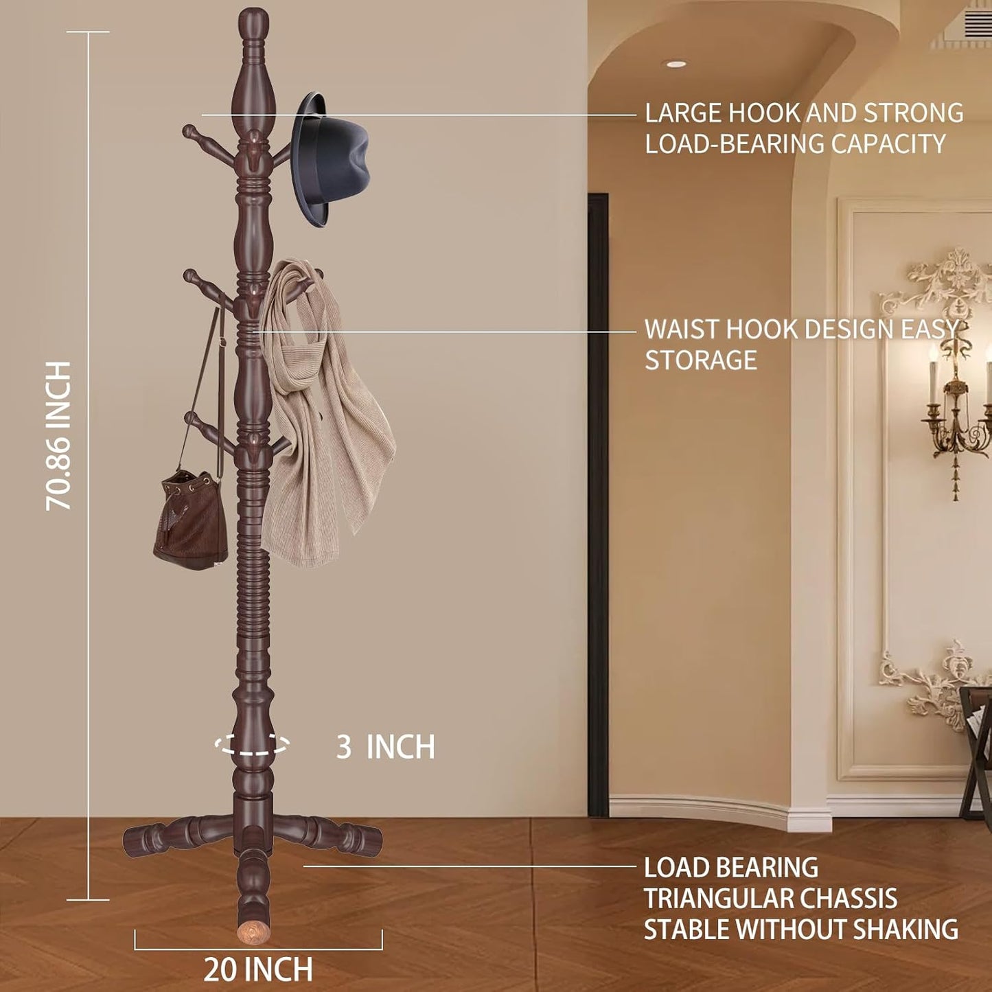 Wooden Coat Rack Stand, Vintage Wood Coat Rack Freestanding with Sturdy Triangle Base,Classic Coat Racks with 9 Hooks, Natural Birch Wood Entryway Coat Hall Tree Hanger Stand