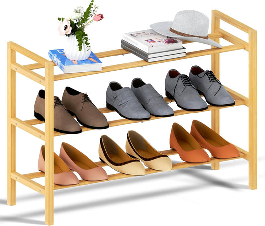 Haddockway Bamboo Shoe Rack for Closet, Free Standing Shoe Organizer with Smooth Round Rods & Convenient Handles, Stackable Shoe Storage Shelf for Entryway, Hallway(Natural, 3-Tier)
