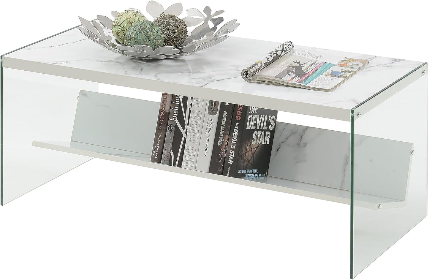Convenience Concepts SoHo Glass Modern Living Storage Shelf, Contemporary Coffee Table for Family Room, 40", Faux White Marble