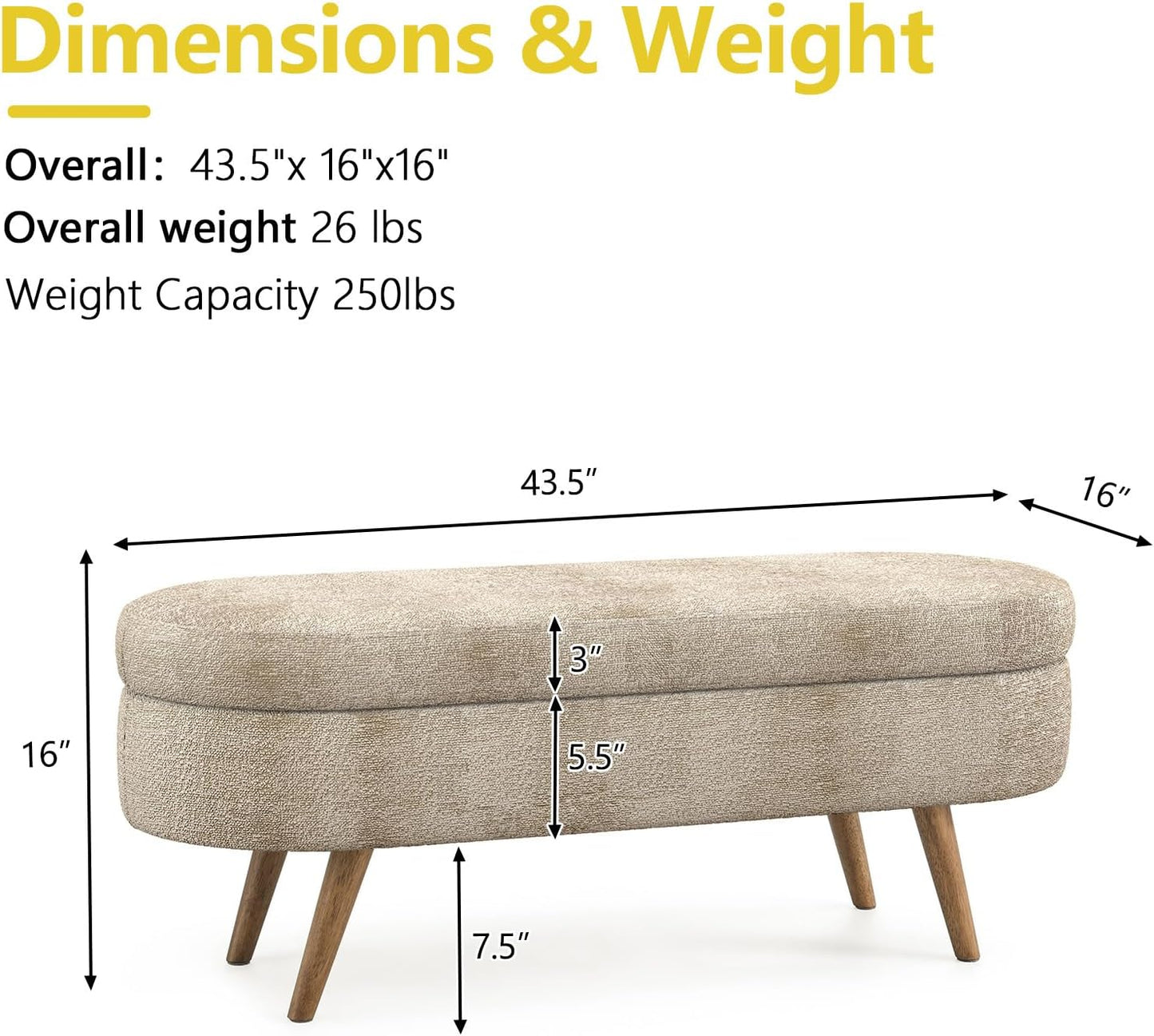 NicBex Ottoman Bench with Storage for Bedroom, 43.5" Upholstered End of Bed Bench with Rubber Wood Legs, Linen Storage Bench for Living Room or Entryway,