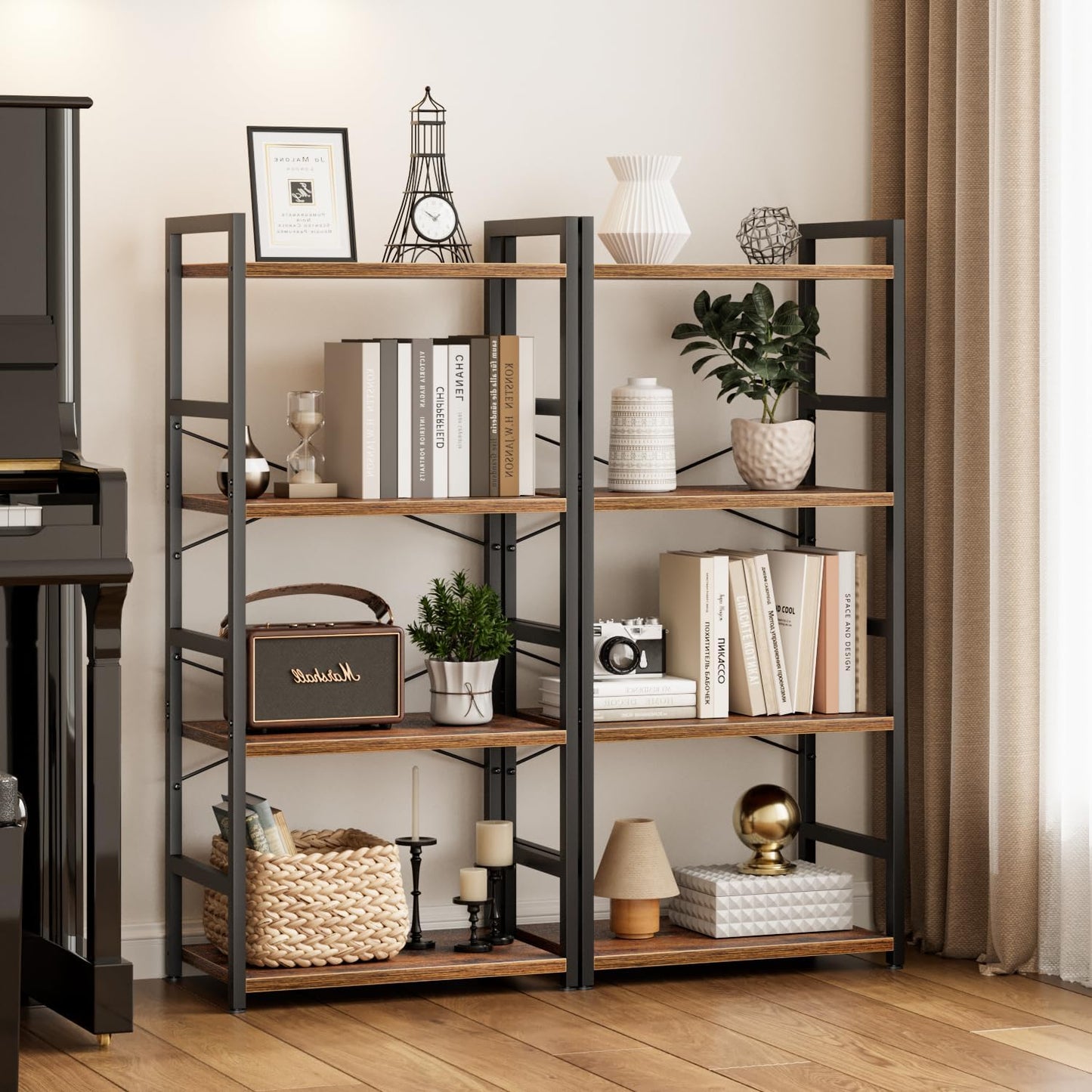 NUMENN 4 Tier Small Bookshelf, Industrial Bookcase Shelf Storage Organizer, Modern Book Shelf for Bedroom, Living Room and Home Office, Vintage