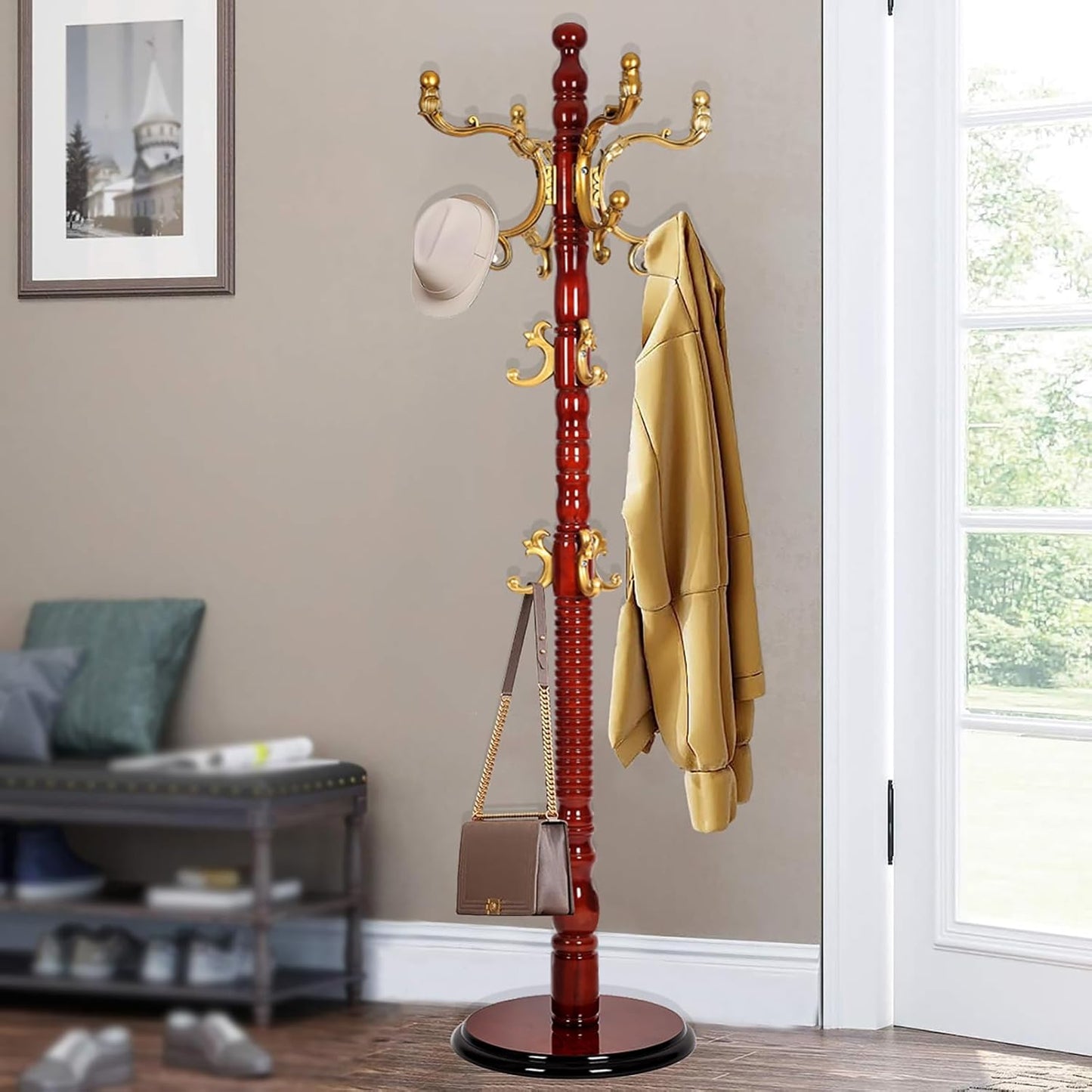 73" Wooden Coat Rack Stand,Coat Racks Freestanding With 14 Hooks And Solid Round Base Heavy Duty Adjustable Height Hall Tree Coat Rack for Entryway Hallway Foyer Office Bedroomf (Begonia)