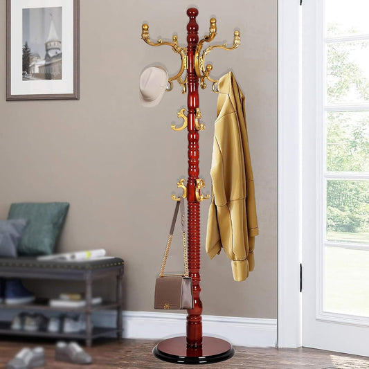 73" Wooden Coat Rack Stand,Coat Racks Freestanding With 14 Hooks And Solid Round Base Heavy Duty Adjustable Height Hall Tree Coat Rack for Entryway Hallway Foyer Office Bedroomf (Begonia)