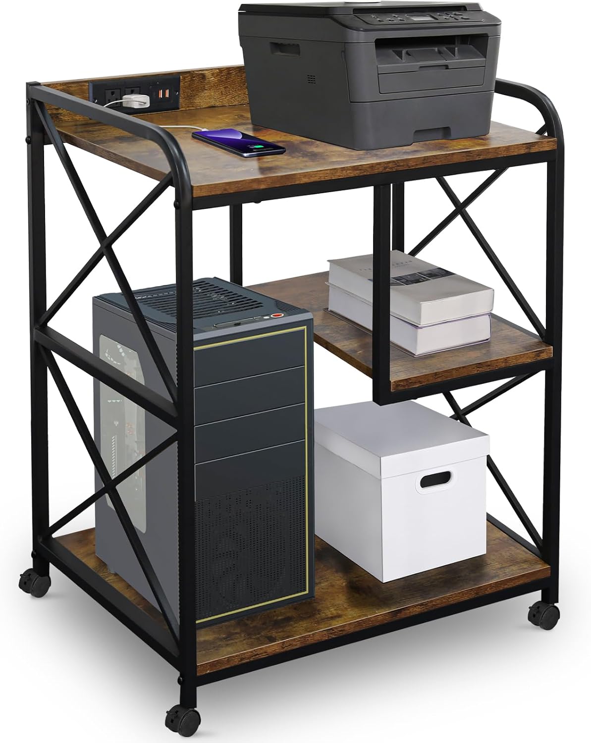 Printer Stand, Printer Table with Storage Shelf for Home Office, 23 x 18 Inch Large Home Printer Stand with Power Outlet USB Port, Printer Cart, PC Tower Stand, Vintage Brown