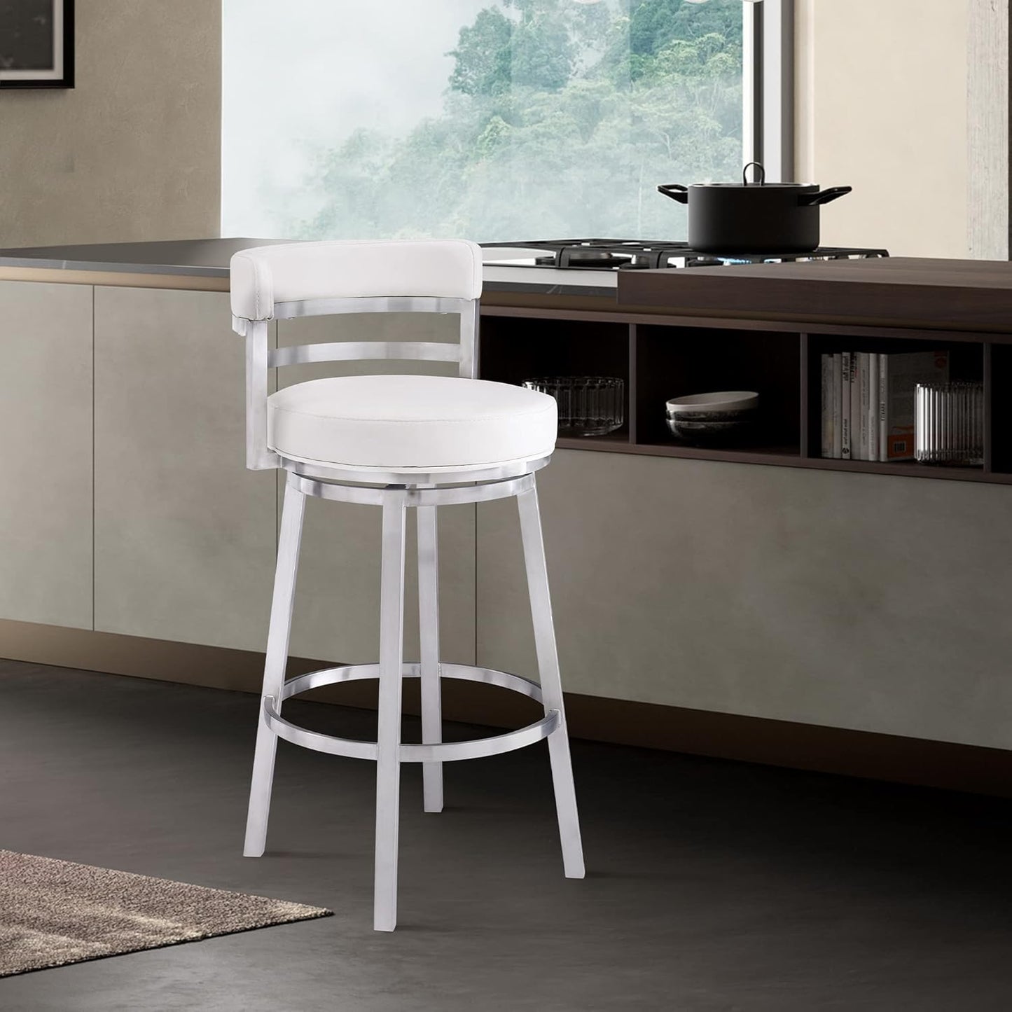 Armen Living Titana 26" Counter Height Swivel White Faux Leather and Brushed Stainless Steel Bar Stool