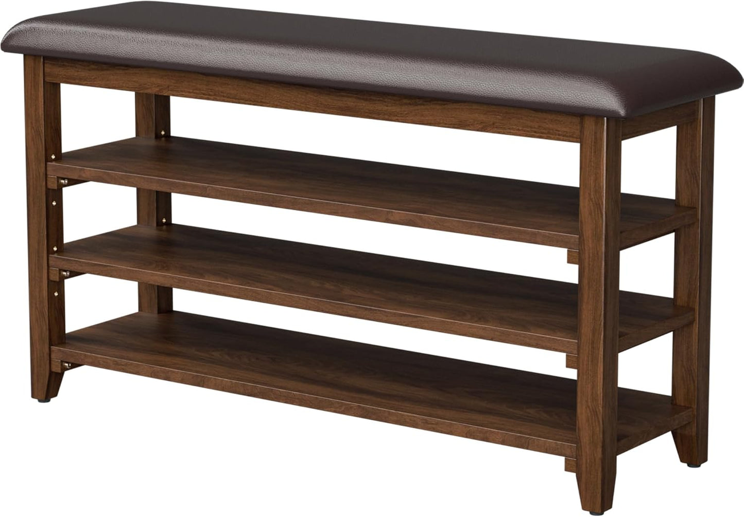 Shoe Bench Storage Rubberwood with Leather Cushion, Entryway Bench with 3-Tiers Height Adjustable, Shoe Rack Front Doors Entrances for Hallway Living Room,Mudrooms (Brown,39.4")