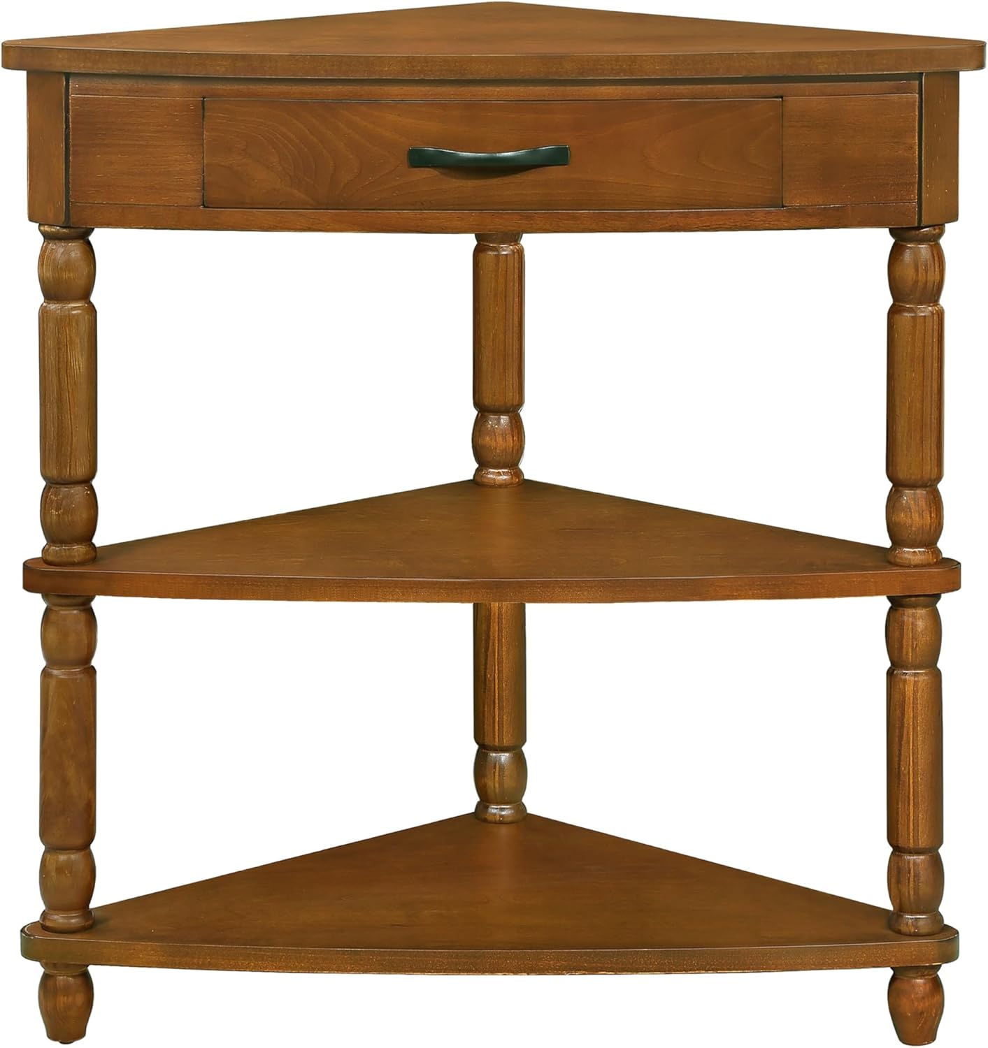 GDFStudio Trmxmbi 3 Tier Corner Console Table with 1 Storage Drawers and Shelves, 33.8'' Rustic Wood Triangle Sofa End Table for Small Spaces, Solid Wood Legs, Brown
