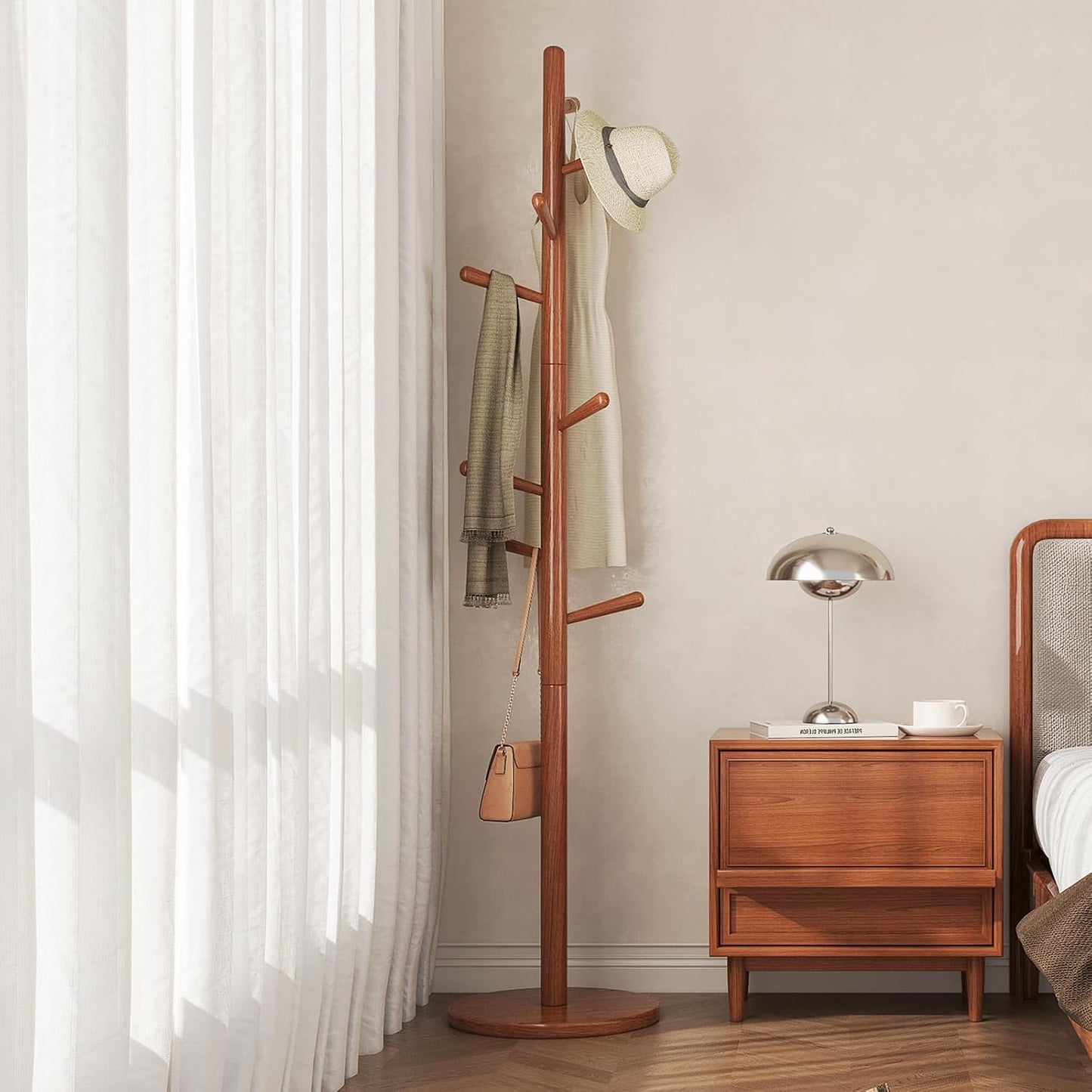 CozyDH Coat Rack Freestanding Solid Wood Coat Rack Stand, Coat Tree Freestanding with 8 Hooks Creative Tree Branch-look for Entryway, Hallway, Bedroom (Teak)