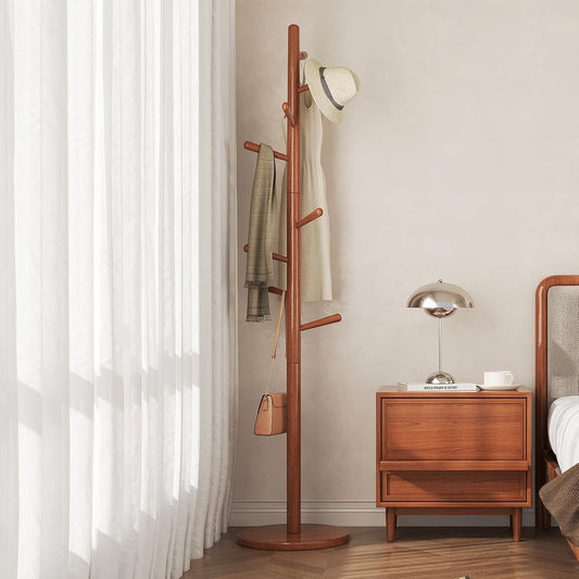 CozyDH Coat Rack Freestanding Solid Wood Coat Rack Stand, Coat Tree Freestanding with 8 Hooks Creative Tree Branch-look for Entryway, Hallway, Bedroom (Teak)