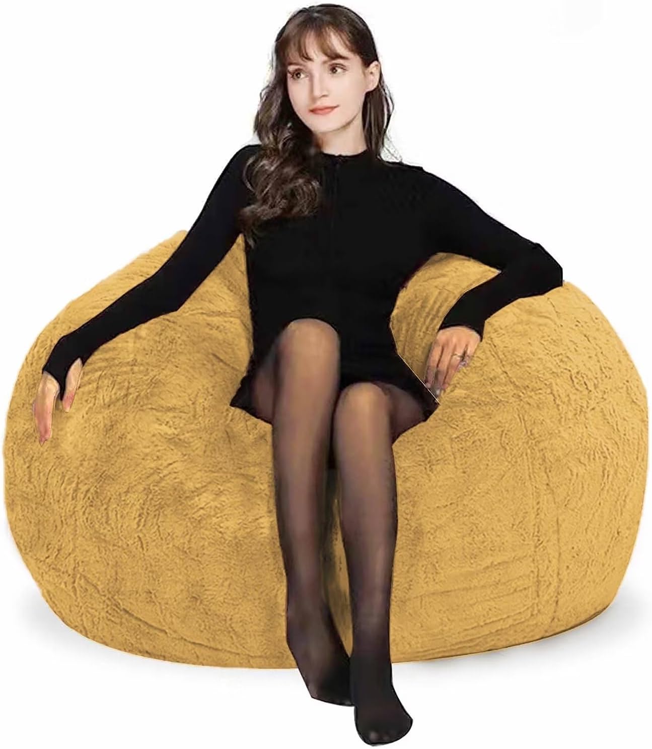 Bean Bag Chairs for Kids Comfy Fluffy Big Joe Bean Bag Chair Cover Without Filler Round Sofa Chairs for Bedroom Living Room Decor, 5FT, Yellow