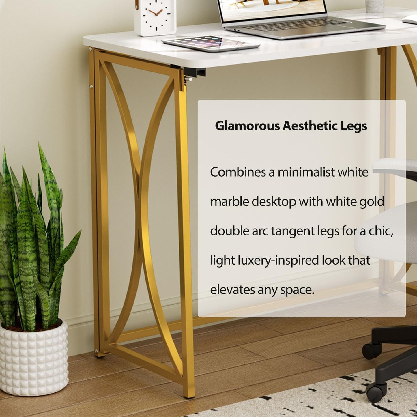 Folding Desk, 31.5" Small for Bedroom, Space Saving Foldable Computer Desk for Home Office, Easy Assembly, White and Gold