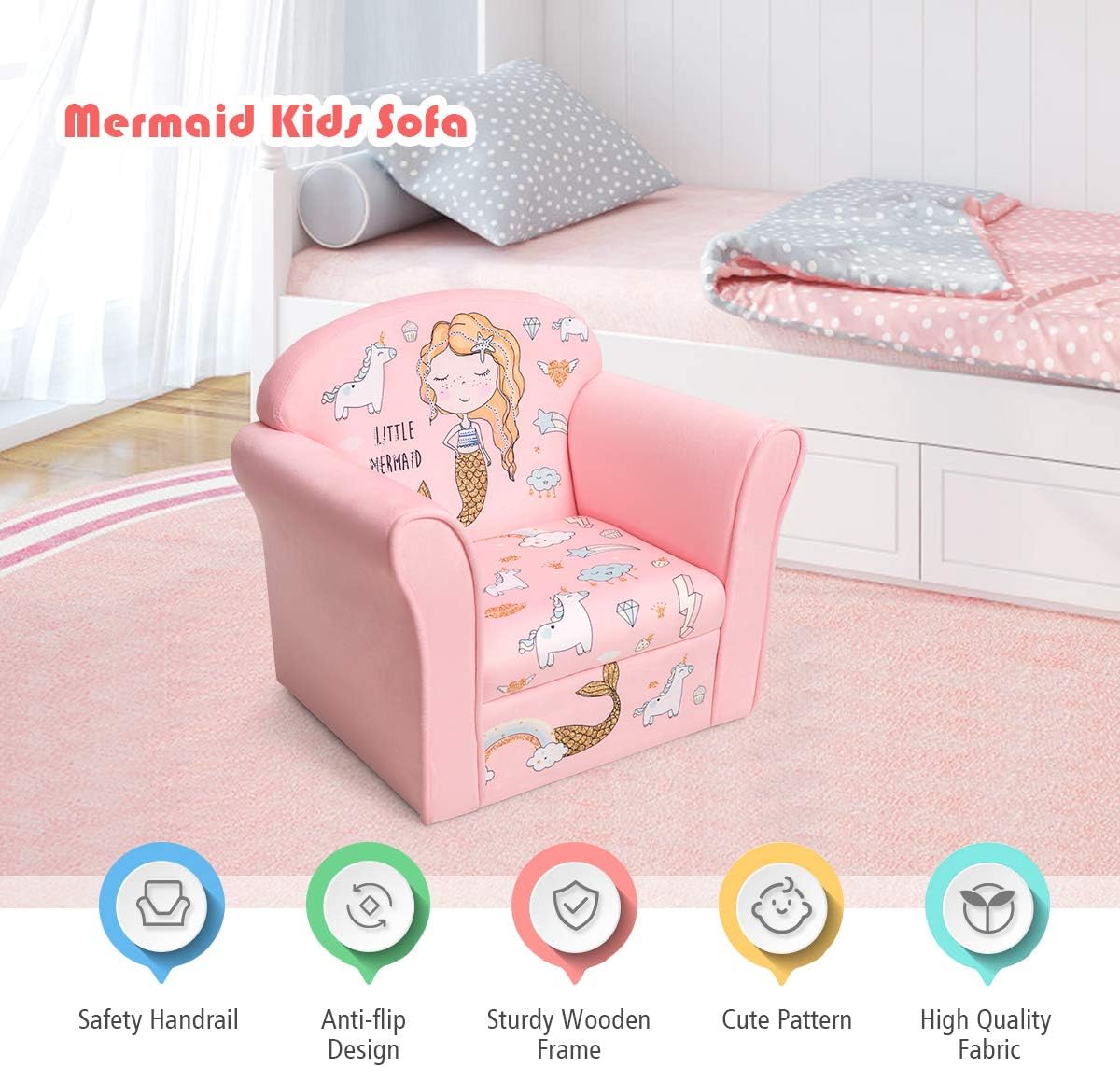 Costzon Kids Couch, Children's Sofa Armrest Chair with Pattern, Toddler Furniture w/Sturdy Wood Construction, Preschool, Lightweight Kids Couch Sofa Chair for Aged 1-5 Boys & Girls Gifts, Mermaid
