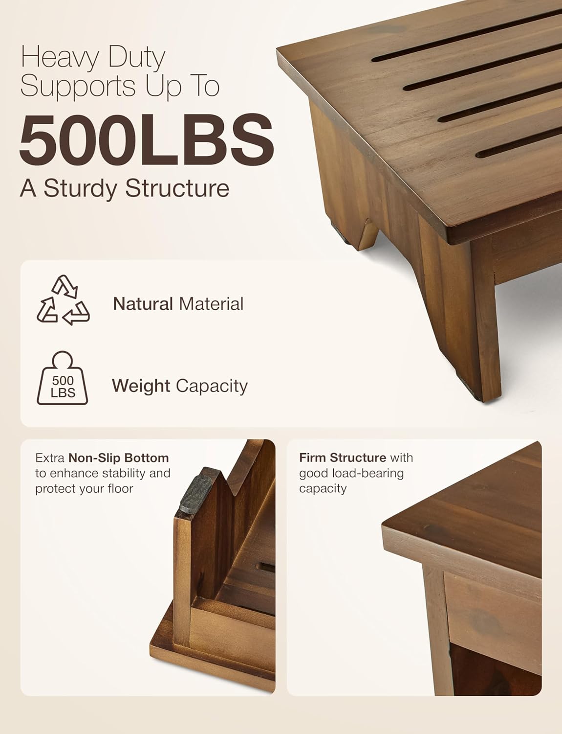 HOLANA 6.5" Wooden Step Stool for Adults (No Assemble Required) - 500 Lbs One Step Stools for High Bed Riser - Small Stepping Stool for Elderly, Seniors, Kid/Bathroom, Bed, Kitchen (Acacia Wood)