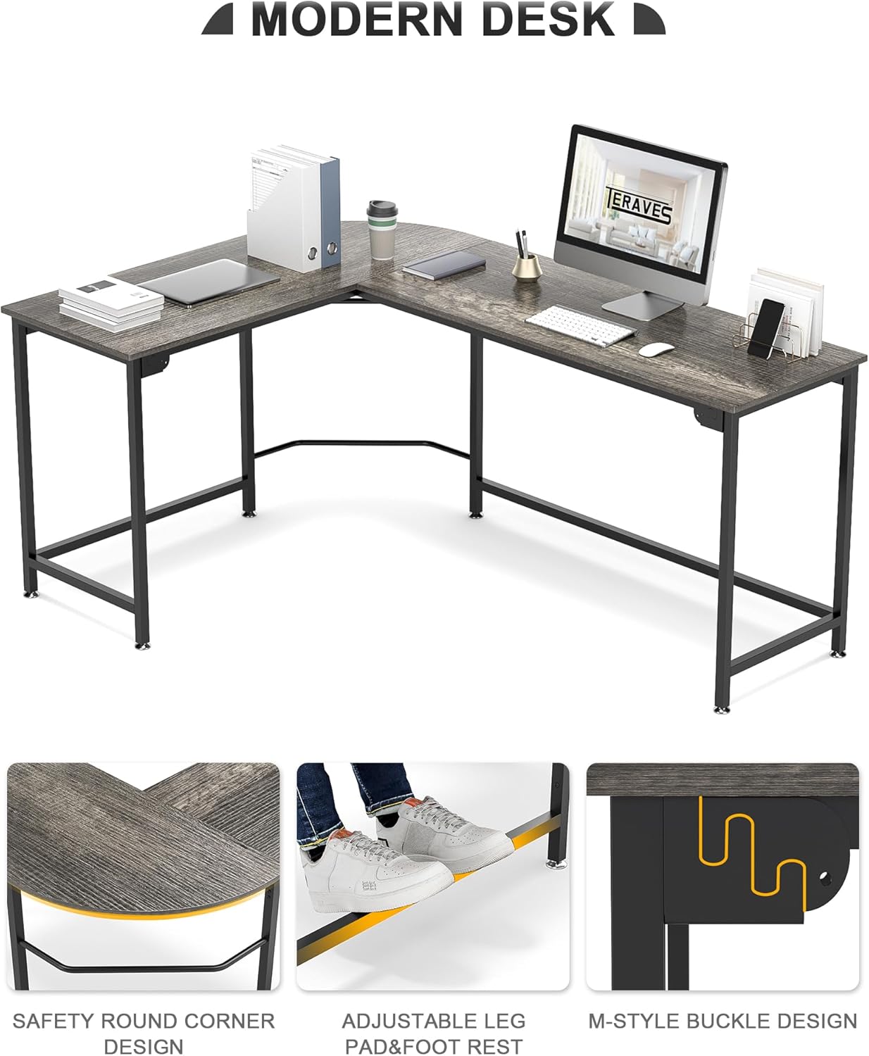 Teraves Modern L Shaped Gaming Desk 58'' Corner Computer Desk for Home Office Gaming Table Study Writing Workstation for Small Space, Easy to Assemble