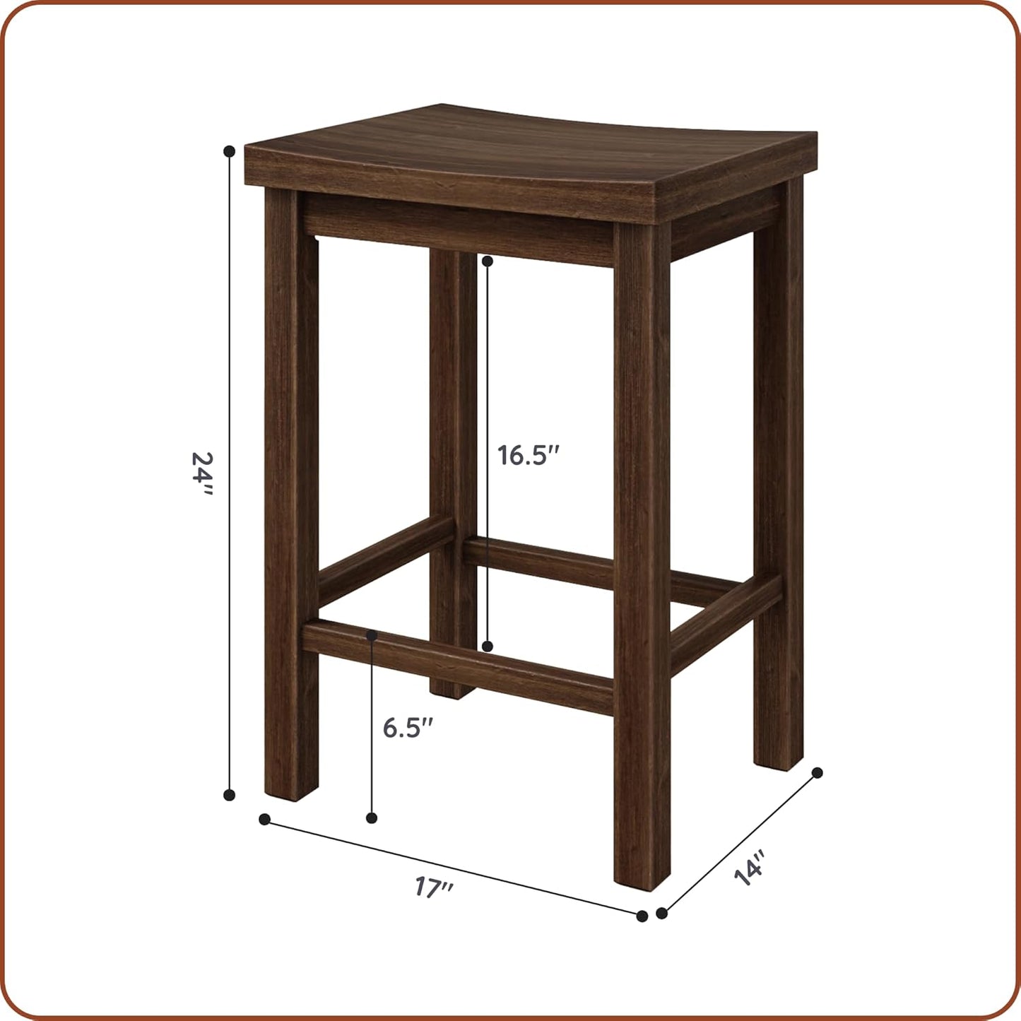 Grain & Grove Smith Collection Set of 2 Solid Wood Counter Height Bar Stools, 24-Inch Saddle Seat Backless Stools, Ideal for Kitchen Island, Dining, or Home Bar Seating, Walnut