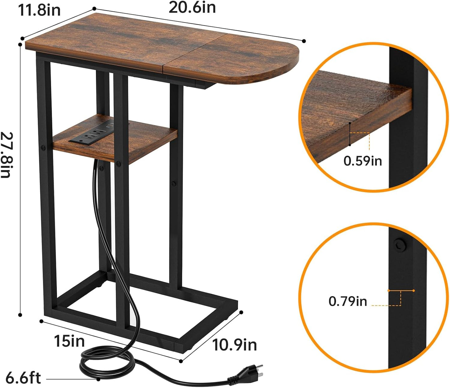 C Shaped End Table with Charging Station, Side Table for Living Room & Bedroom, Couch Laptop Table with USB Ports & Type-C Fast Charging Port, Snack Tray Table for Couch & Bed