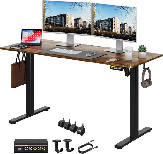 Electric Standing Desk Adjustable Height 55"x24" Stand Up Desk with Lockable Wheels Ergonomic Sit Stand Desk for for Work Office Home Computer Workstation (Rustic Brown)