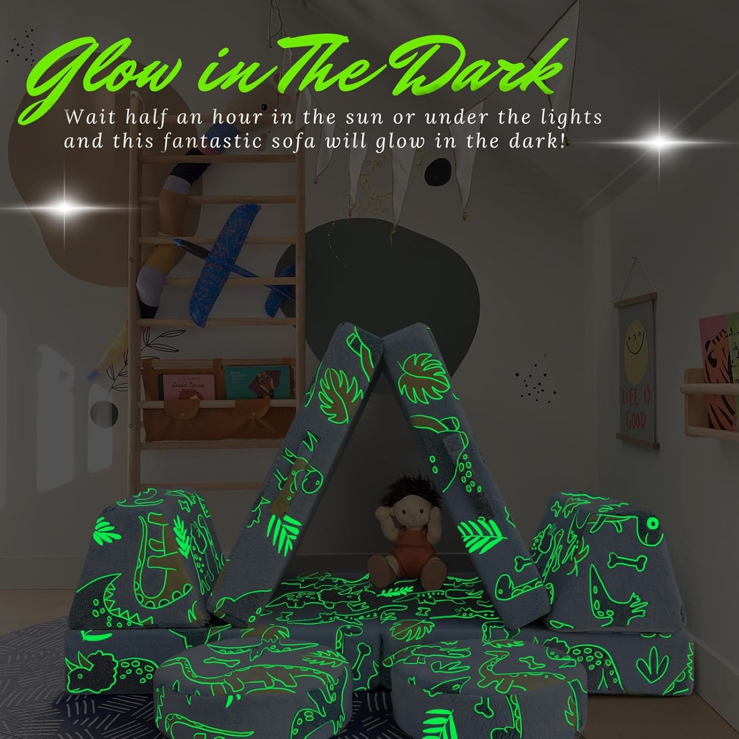 MeMoreCool Modular Glow Sofa for Kids, 8-Piece Convertible Foam Couch Play Set with Glowing Dinosaur Design for Toddlers and Playroom