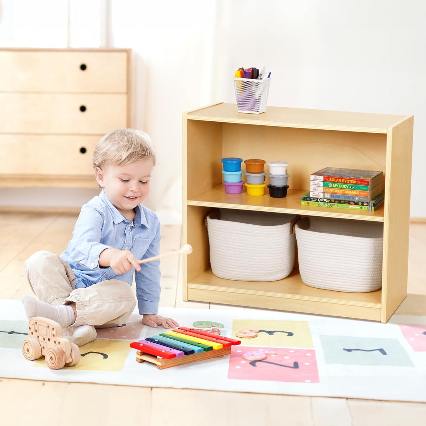 OOOK Montessori Toy Shelf, Kids Bookshelf and Toy Storage, Small Bookshelf for Kids, 2-Tier Wooden Storage Shelves for Classroom, Kindergarten, Kids Room, Playroom, Daycare Center and More