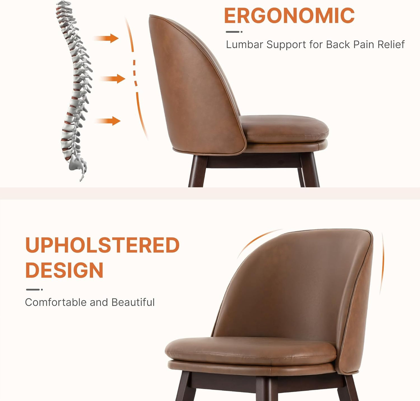 Wooden Dining Chairs Set of 4, Faux Leather Upholstered Modern Dining Room Chairs with Double-Layer Thick Seat Cushion & Ergonomic Backrest for Restaurant, Kitchen and Café, Brown, 2 Boxs