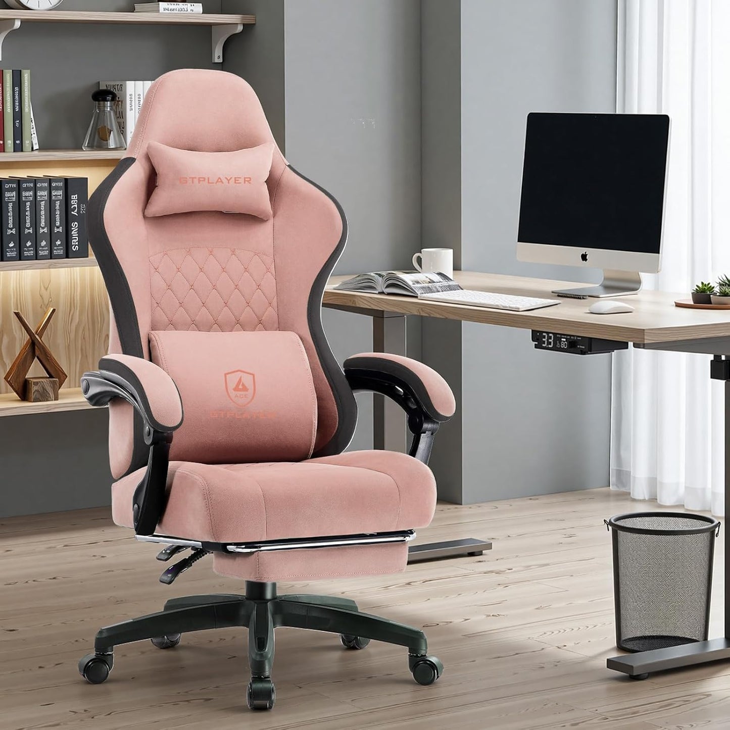 GTPLAYER Office Chair, Gaming Computer Desk Fabric Chair with Footrest, High Back Ergonomic Office Chair with Pocket Spring Lumbar Support and Linkage Armrests Adjustable Height Swivel for Home Task