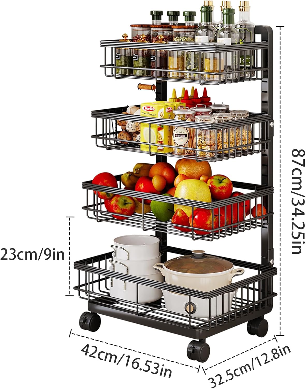 Aupekro 4-Tier Kitchen Storage Cart, Metal Utility Rolling Cart with Wheels, Versatile Rolling Storage Snack Cart, Adjustable Fruit Vegetable Basket Rack for Pantry, Bathroom, Kitchen, Office (Black)