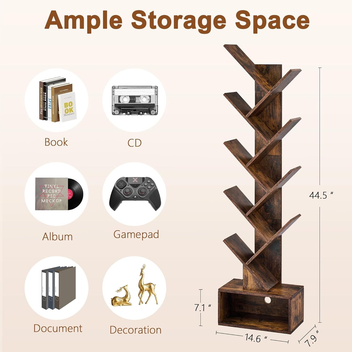Hoctieon 9 Tier Tree Bookshelf, Tall Bookcase with Drawer, Wood Book Shelf, Modern Floor Standing Bookshelves, Book Organizer Shelves for Bedroom, Living Room, Home Office, Rustic Brown