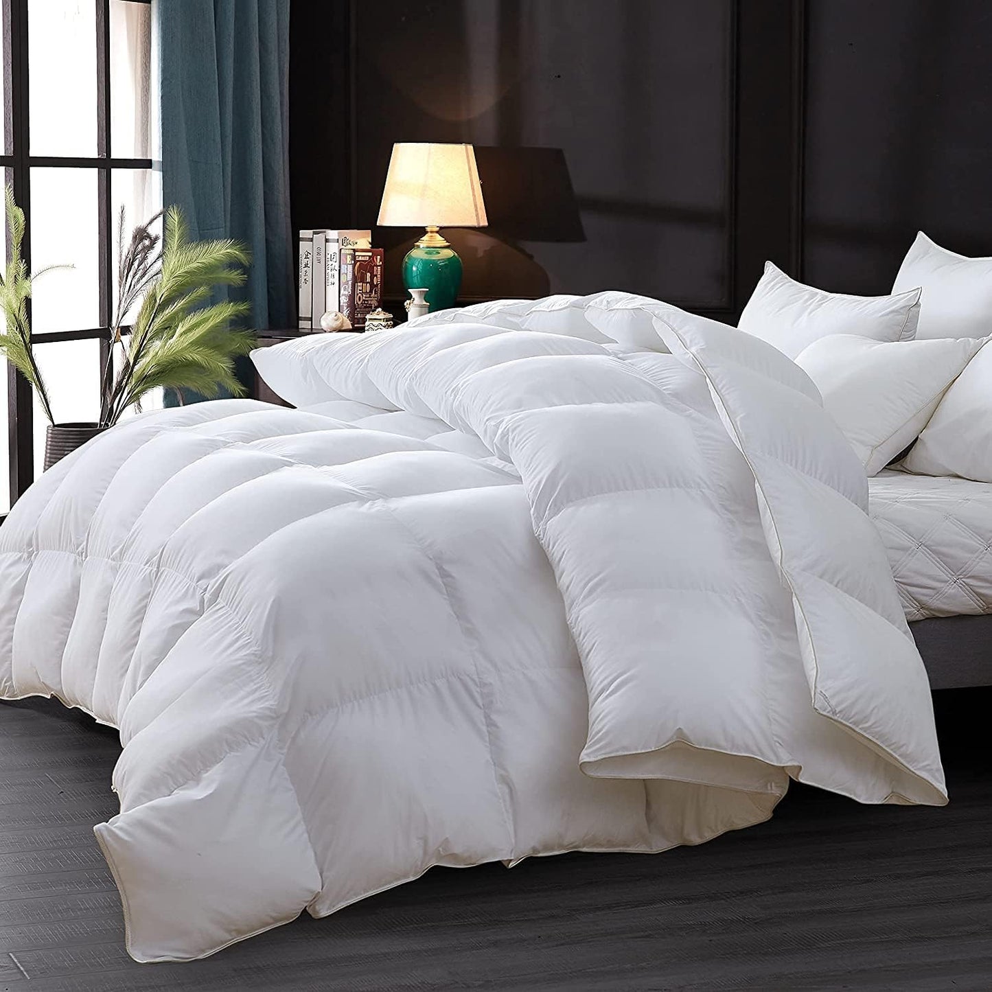 Luxurious Goose Down Feather Fiber Comforter Duvet Insert, Exquisite Solid White Design, Oversize Palatial King White 120 x 98, Premium Baffle Box 100% Egyptian Cotton, 80 oz Fill Weight