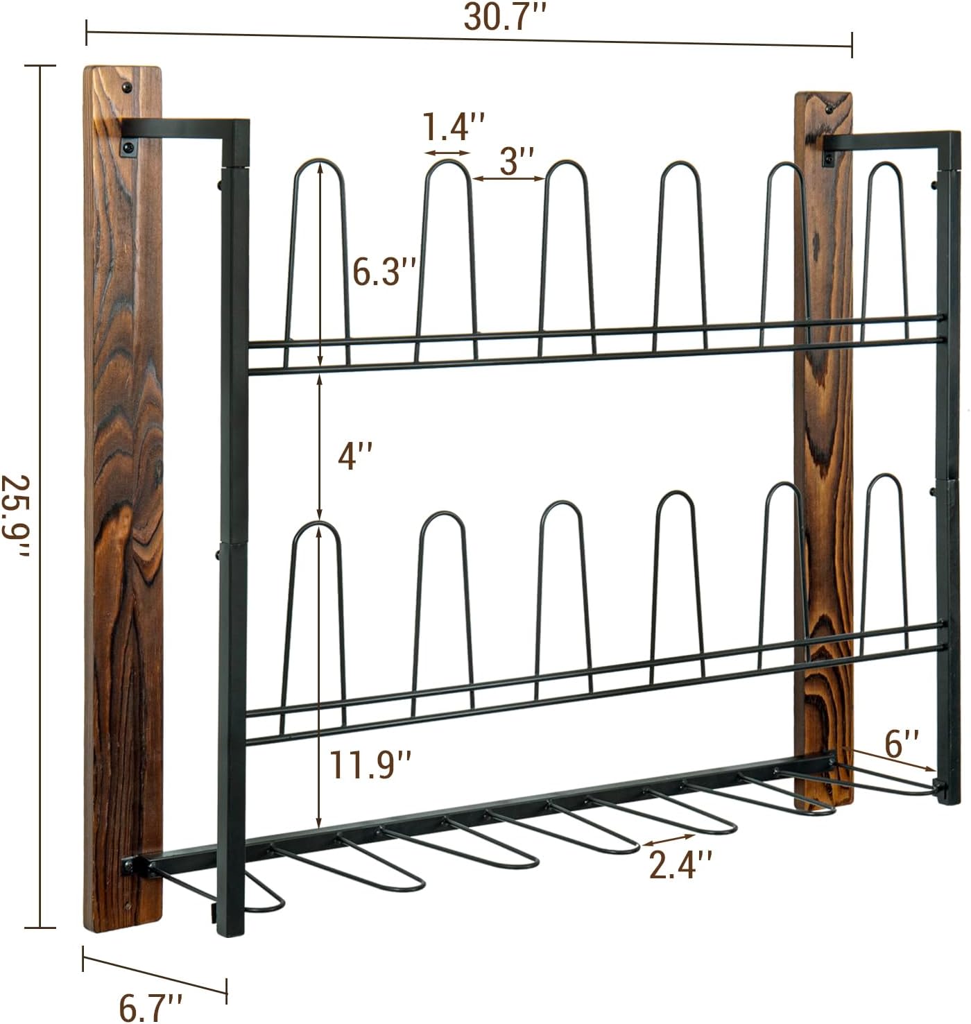 MyGift Premium Black Metal Hanging Wall Shoe Rack for Walk in Closet, Mudroom and Entryway, Wall Mounted Space Saving Boot and Shoe Rack Organizer, Holds 9 Pairs (Solid Wood, 9 Pairs)