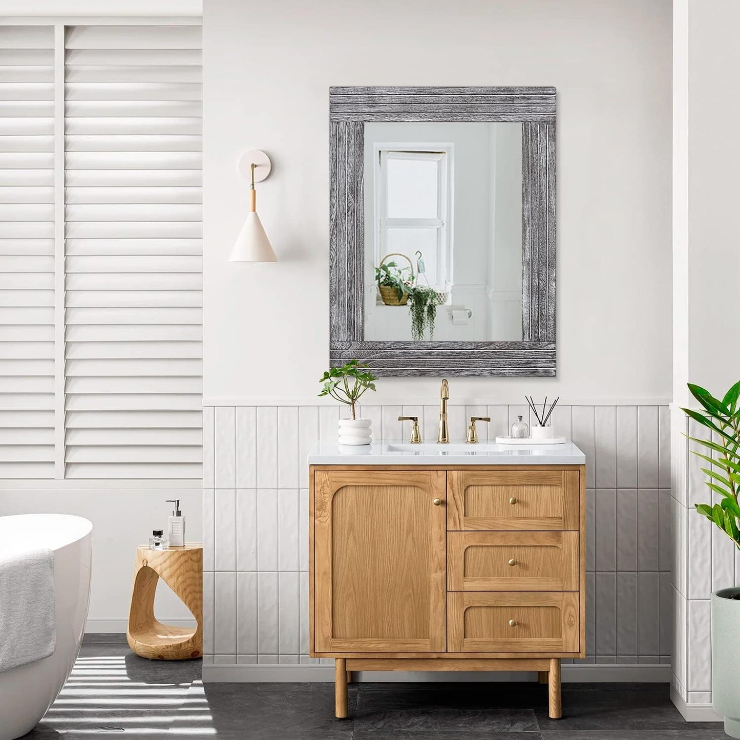 Large Wall Mirror Farmhouse Vintage Rustic Wood Framed Rectangular Mirror Decorative Dressing Table Entrance Bedroom Bathroom Mirror 26"x18"