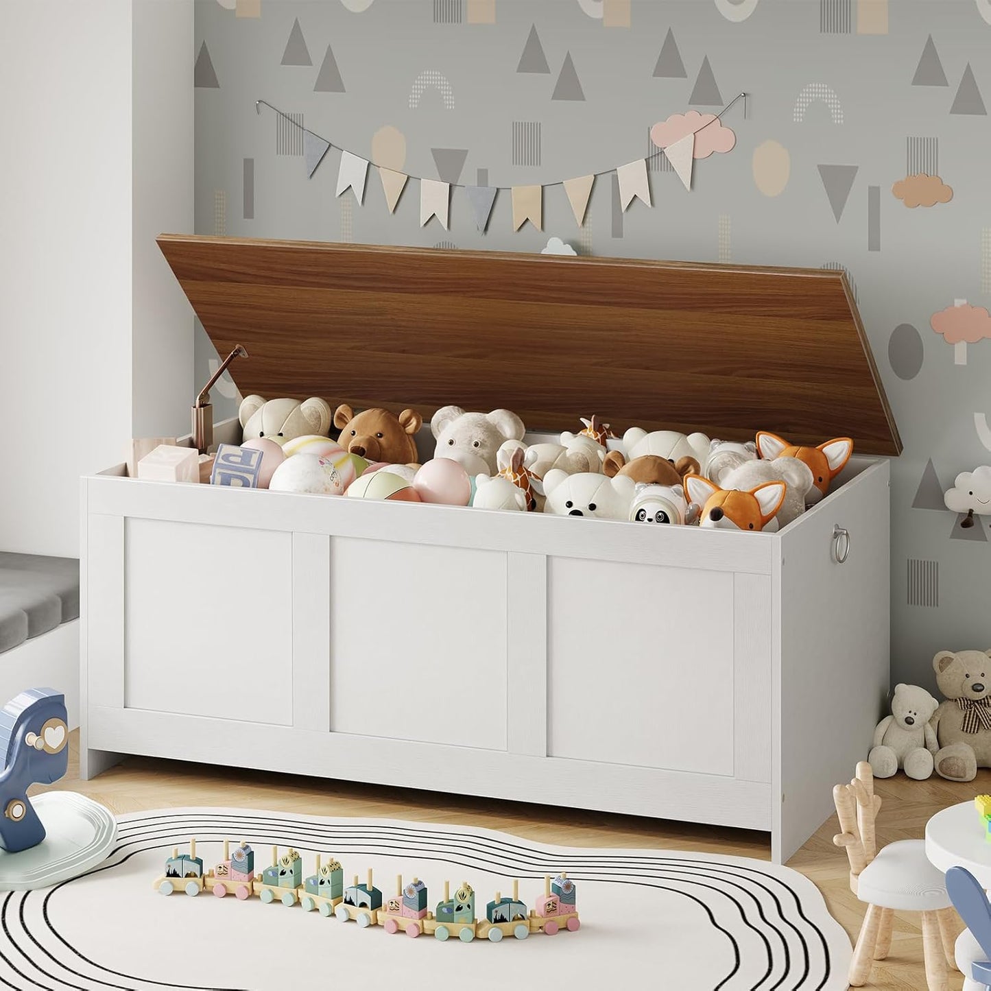 HOOBRO Storage Bench, 43.3" Retro Wooden Storage Chest, Wooden Storage Trunk, Toy Chest with Lift Top, Multifunctional Entryway Organizer, for Entryway, Living Room, White and Walnut WH411CW01