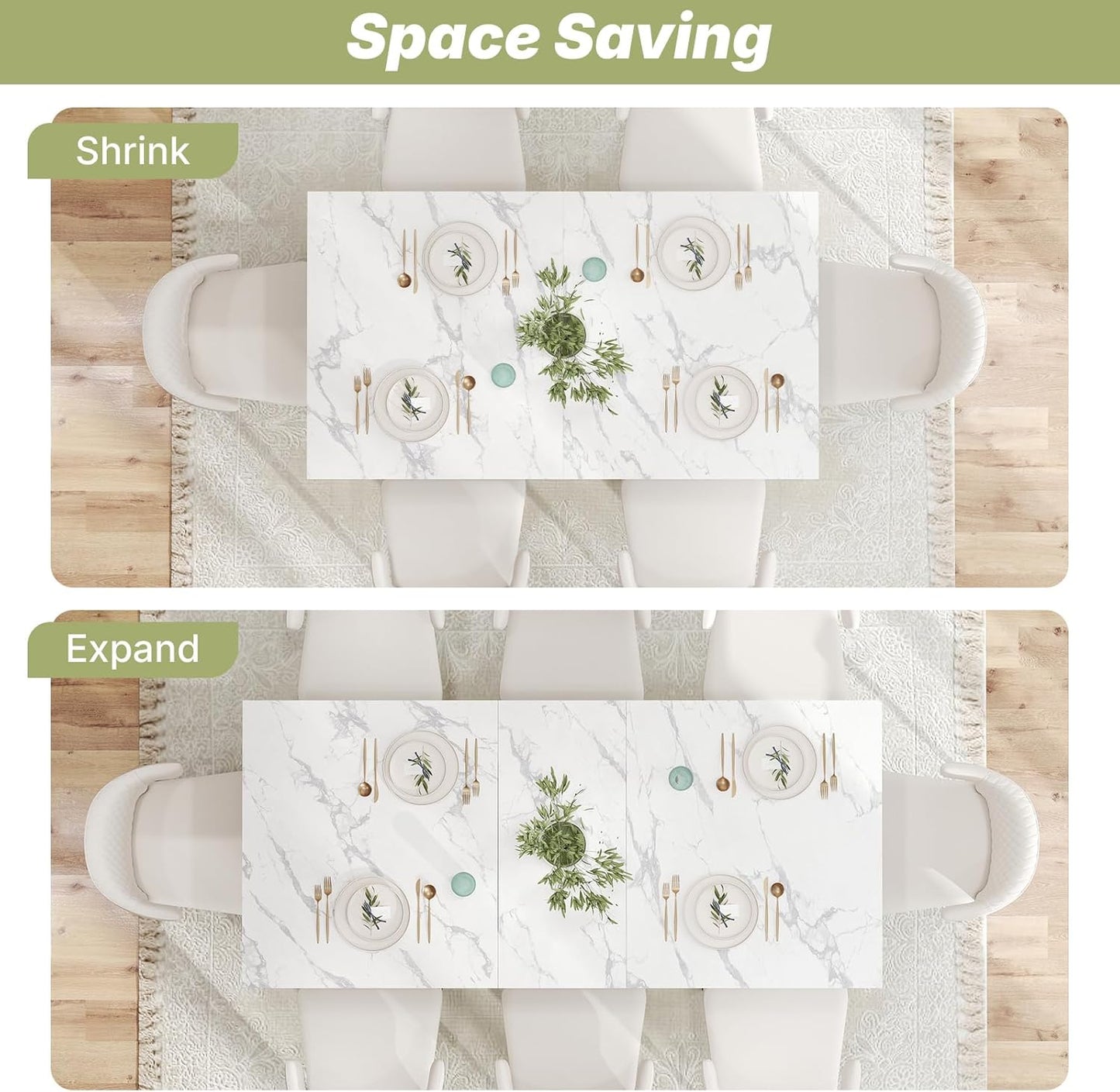 63"-78.7" Expandable Dining Table, 6-10 Farmhouse Kitchen Table, Extendable Console Table, Wooden Farmhouse Kitchen Table with Metal Track & Dual Column Base for Dining Room, Office-White