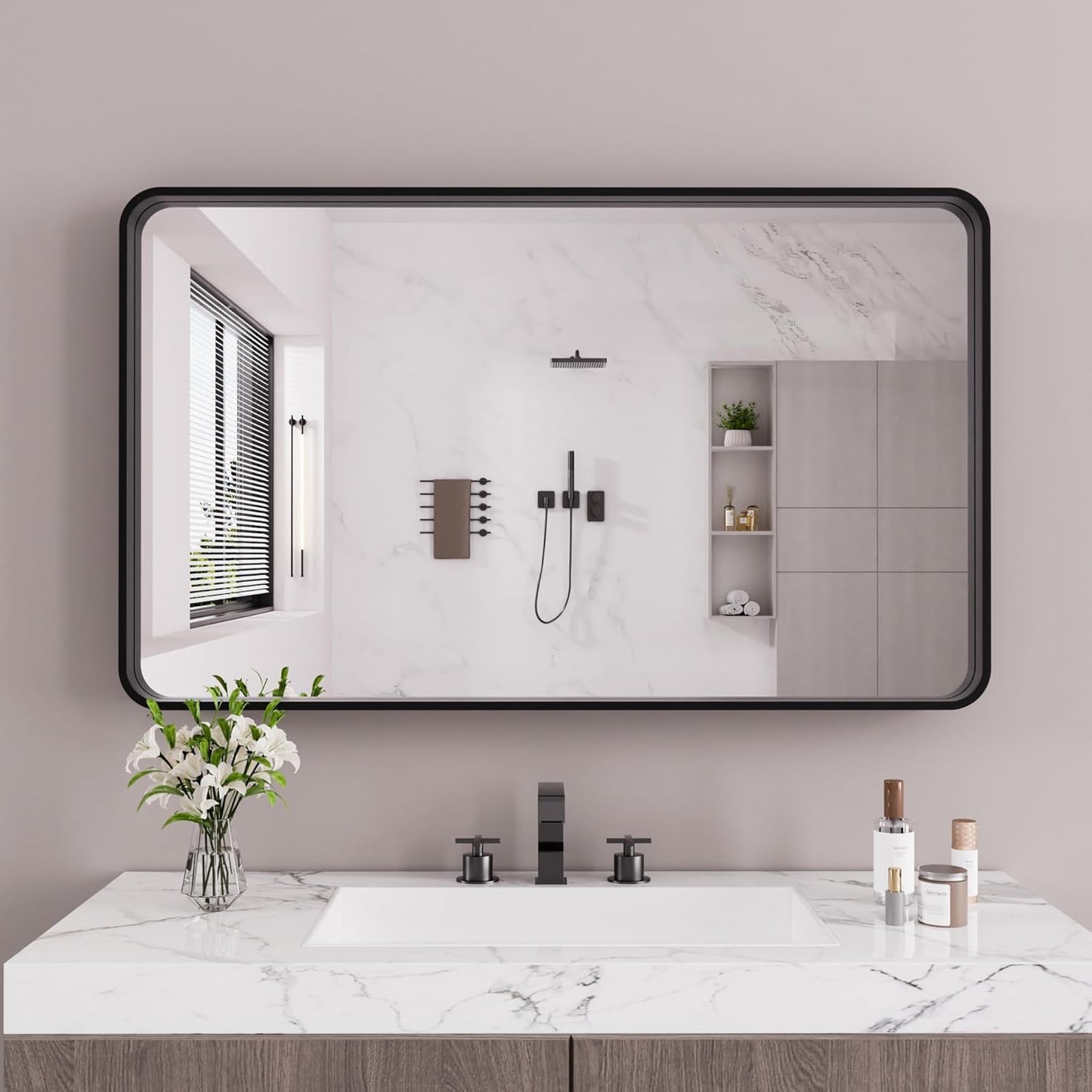 Black Bathroom Mirror 60X30 Inch, Black Metal Framed Mirror for Wall, Rounded Rectangle Matte Bathroom Vanity Mirror with Tempered Glass, Anti-Rust, Horizontal/Vertical