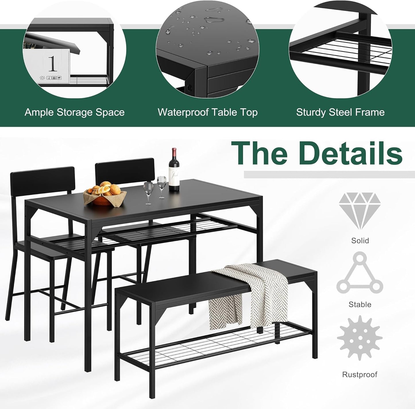 Shintenchi Kitchen Table Chairs Set of 4, Dining Table Set for 4 with Bench and Chairs, 4 Pieces Kitchen Table Set with Storage Rack & Metal Frame for Small Space, Black