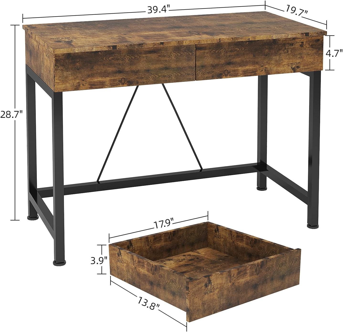 CAIYUN 40“ Small Desk for Bedroom, Computer Desk with 2 Wooden Drawers, Home Office Desk with Storage, Vanity Desk, Kids Study Writing Desk for Small Space, Vintage Table for Bedroom,(Rustic Brown)