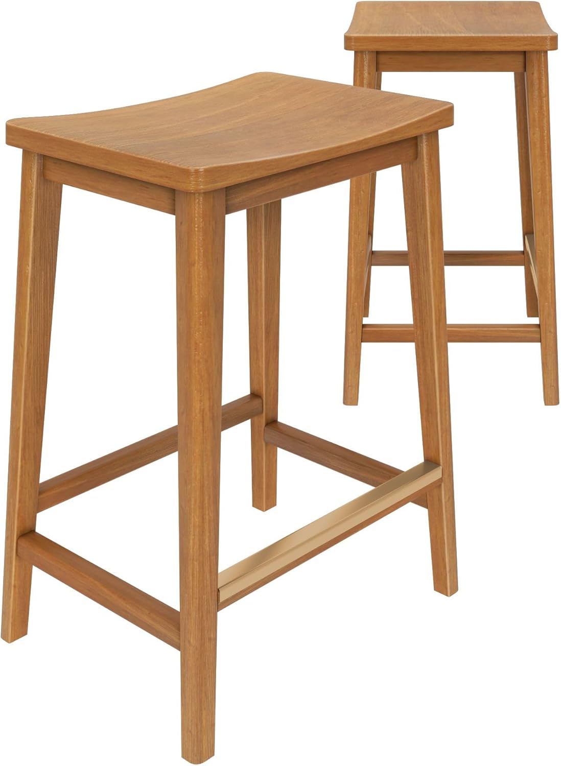 Plank+Beam Smythe Counter Stool, 24", Set of 2, Sturdy Wood Modern Kitchen Counter Height Stool, Saddle Seat Backless Counter Chair, Metal Footrest, Pecan