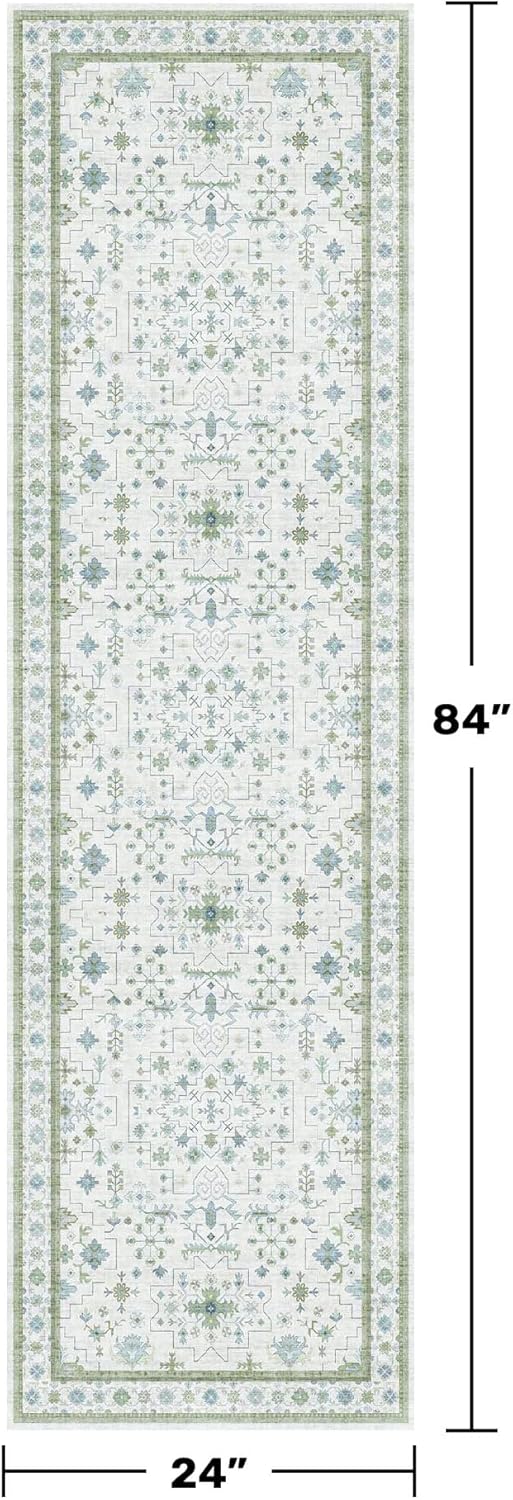 Boho Bathroom Runner 2x7 - Cream Green Oushak Floral Turkish, Washable Low Pile Non Slip Stain Resistant Small Accent Rug for Kitchen, Hallway