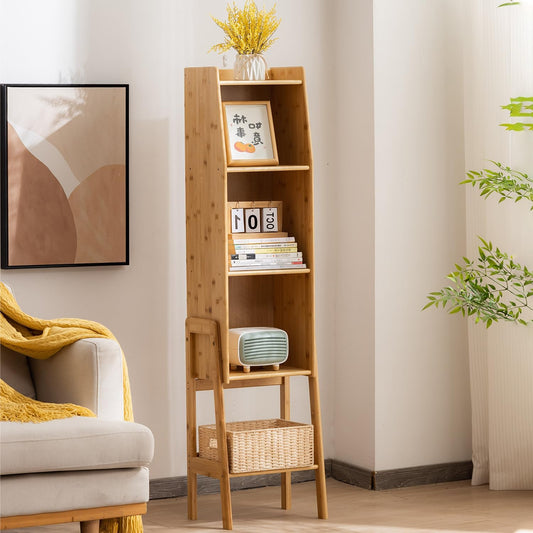 4-Tier Bamboo Bookshelf - Wood Bookcase Organizer with Open Shelves for Living Room & Home Office-Natural Large