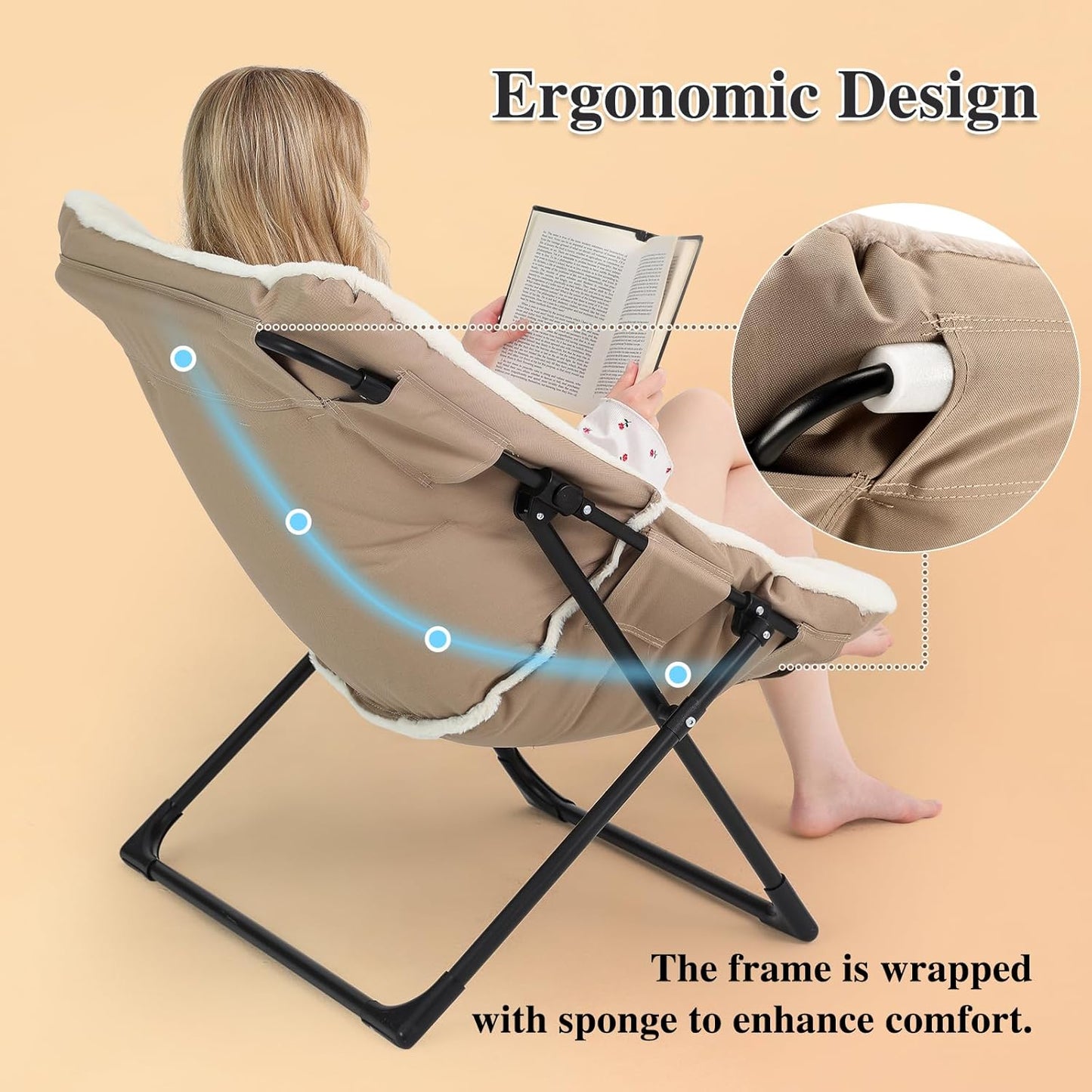 Comfy Saucer Chair for Adults, Soft Faux Fur Bedroom Chair, Accent Dorm Chairs, Flexible Living Room Reading Chairs, Oversized Folding Lounge Seat for Teens, X-Large, Beige