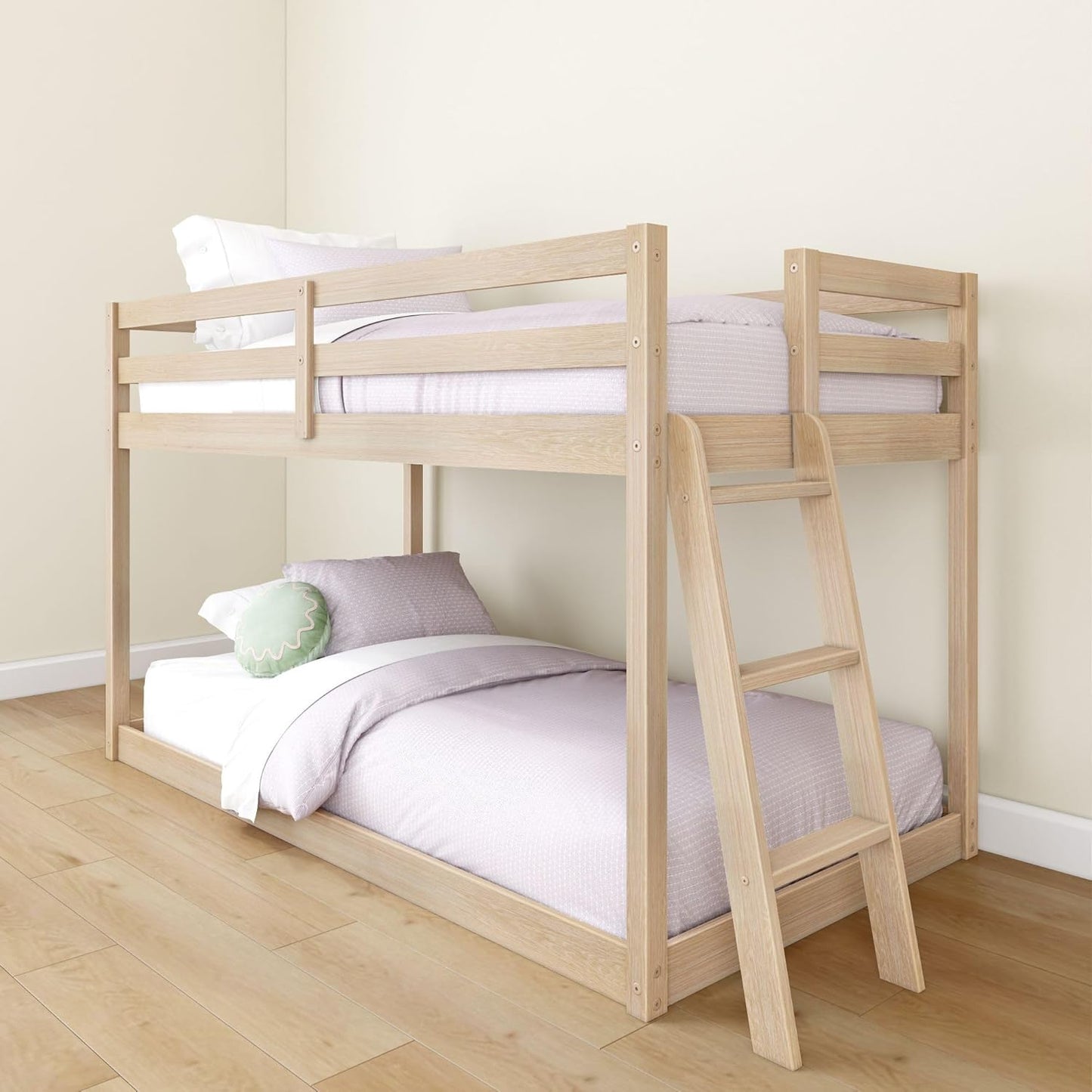 Grain & Grove Bear Twin Over Twin Bunk Bed, Low Bunk Bed Frame for Kids, Bunk with Ladder, Guardrail and Slats, No Box Spring Required, Oak Embossed Natural