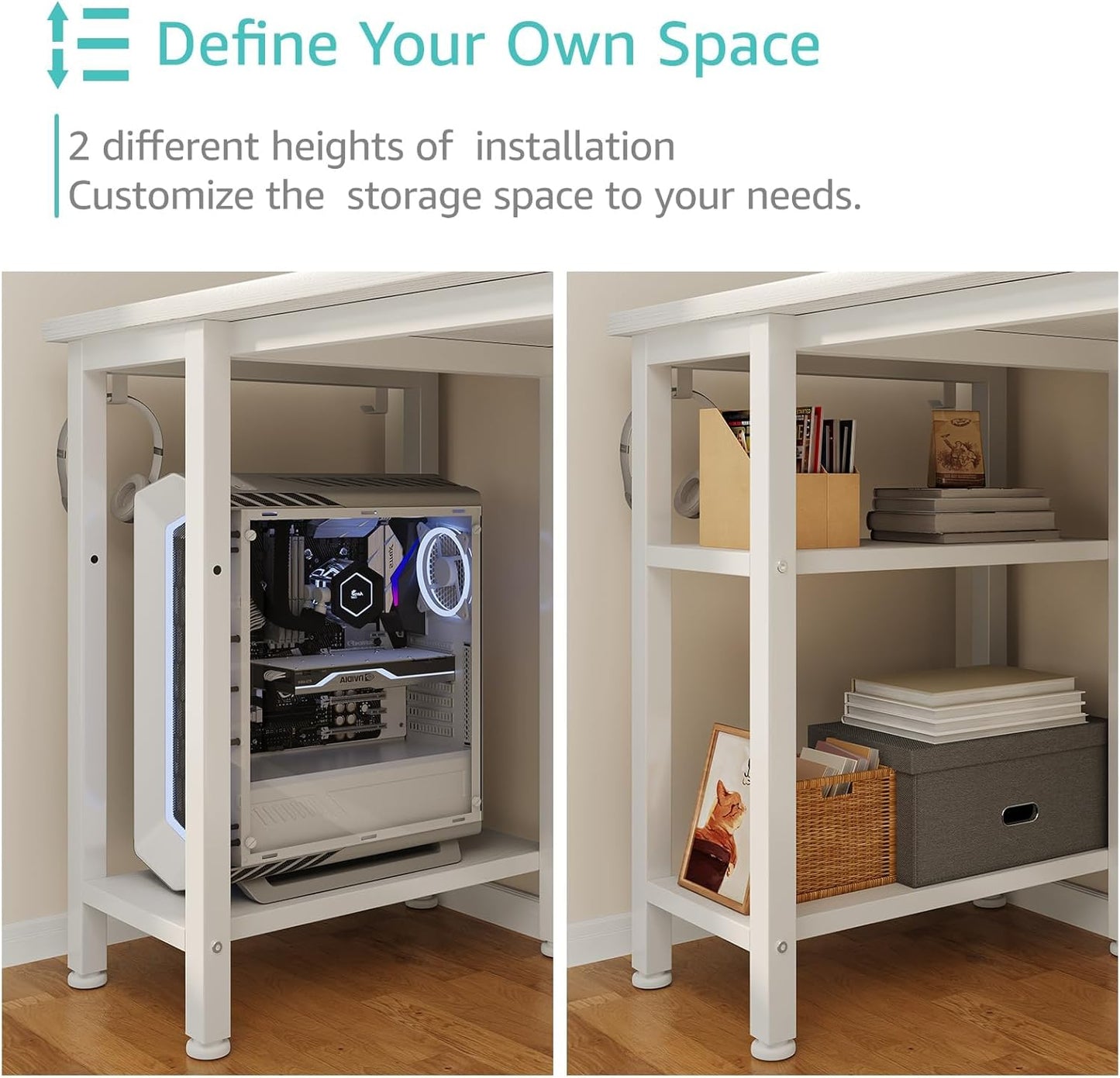 Lufeiya White Desk with Drawers Storage - 47 inch Home Office Computer Gaming Desks with Monitor Stand LED Lights and Power Outlets, White