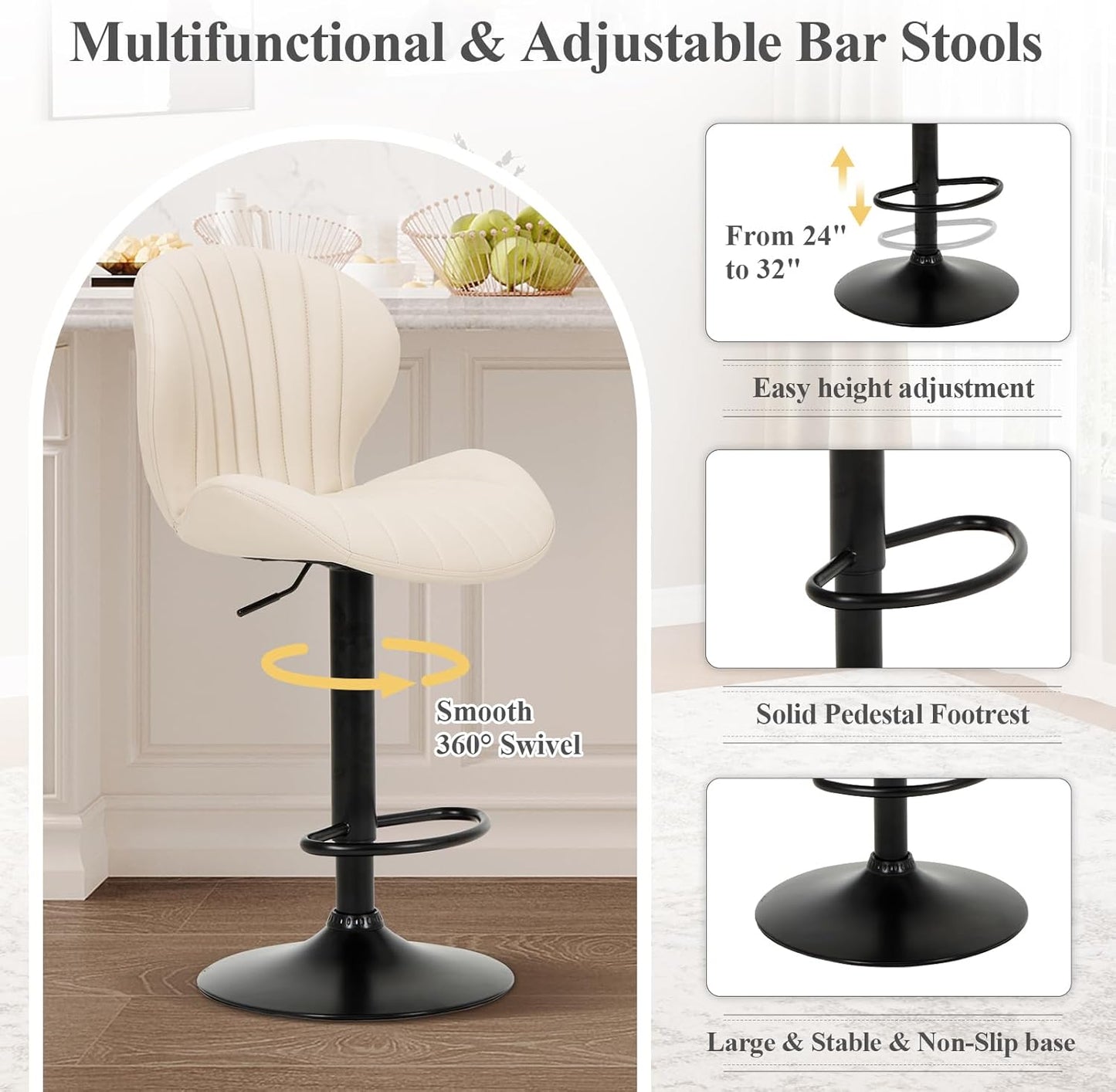 COLAMY Bar Stools Set of 2, Modern Swivel Bar Chairs, Adjustable Faux Leather Upholstered Barstools Counter Height with High Backrest for Bar, Kitchen Island, Dining Room, Beige