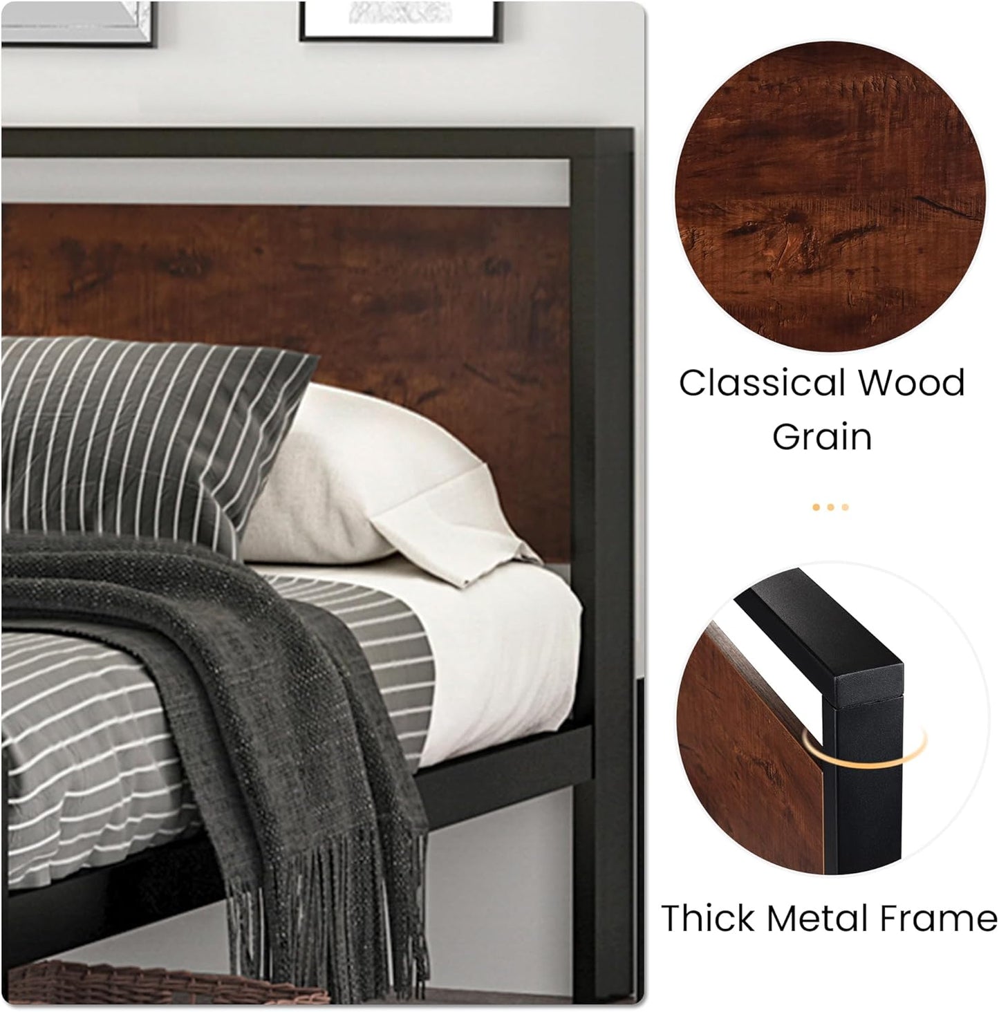 SHA CERLIN 14 Inch Queen Size Metal Platform Bed Frame with Wooden Headboard and Footboard, Mattress Foundation, No Box Spring Needed, Large Under Bed Storage, Non-Slip Without Noise, Mahogany