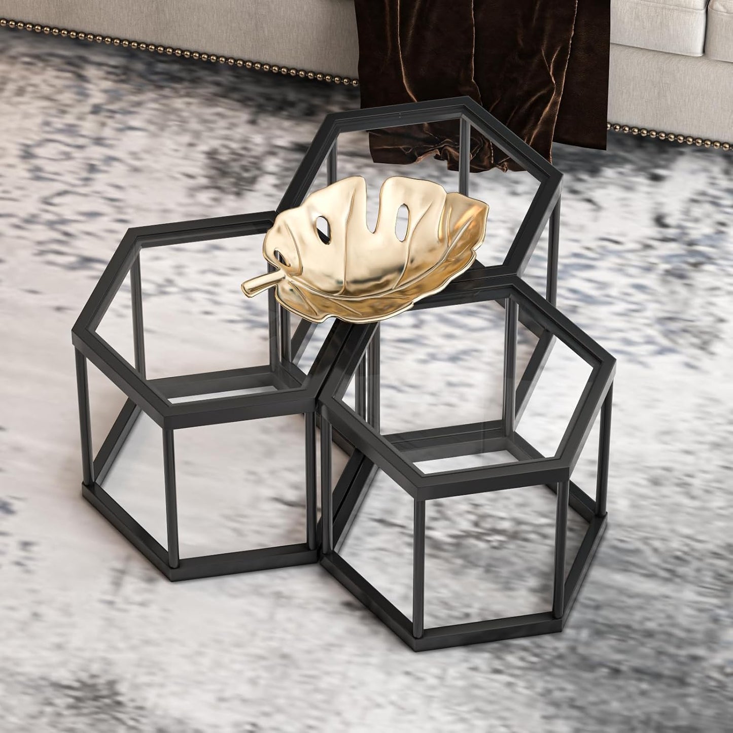 Coffee Table Glass Modern Coffee Table, Hexagon Free Combination Glass Center Table Small End Tables with Metal Frame for Living Room Set of 1