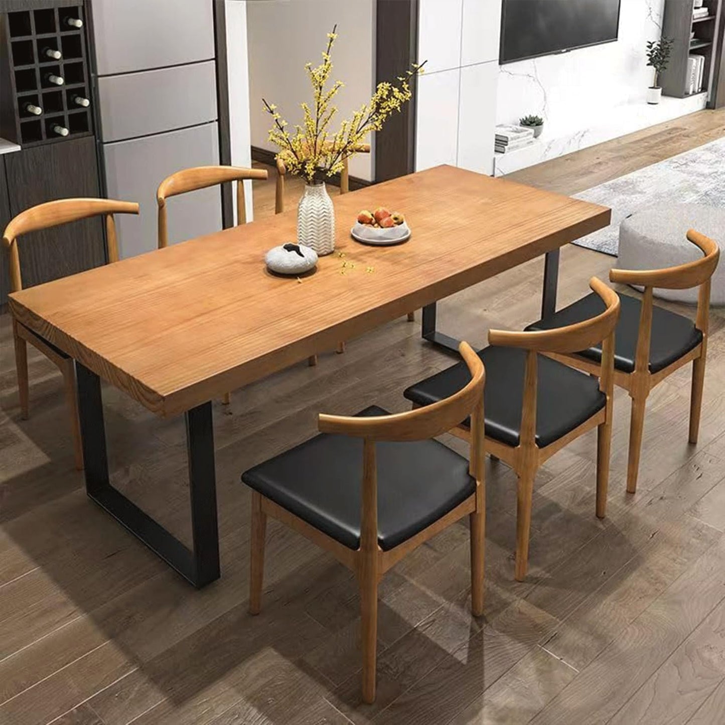 Stylish Modern Minimalist Solid Wood Dining Table with Sturdy Metal Base – Easy Assembly, Versatile Design for Dining Rooms, Living Rooms, and Offices (70.8 * 31.5 * 29.5)