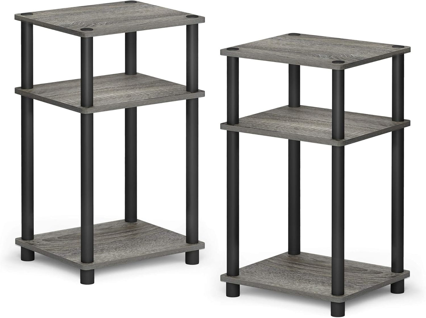 Furinno Just 3-Tier Turn-N-Tube End Table / Side Table / Night Stand / Bedside Table with Plastic Poles, 2-Pack, French Oak Grey/Black