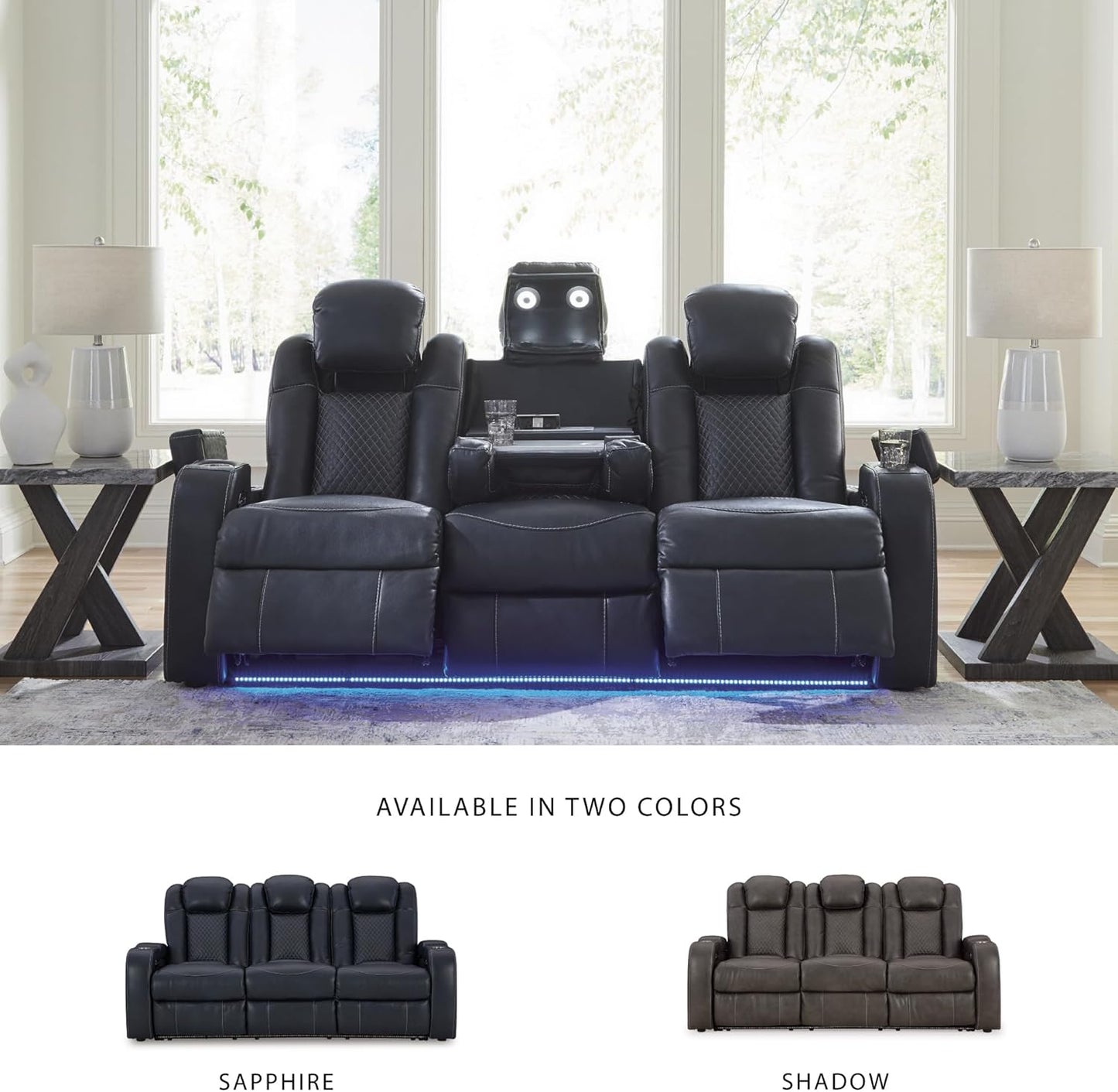 Signature Design by Ashley Fyne-Dyme Contemporary Power Reclining Sofa with USB Charging Ports and Adjustable Headrest, Blue