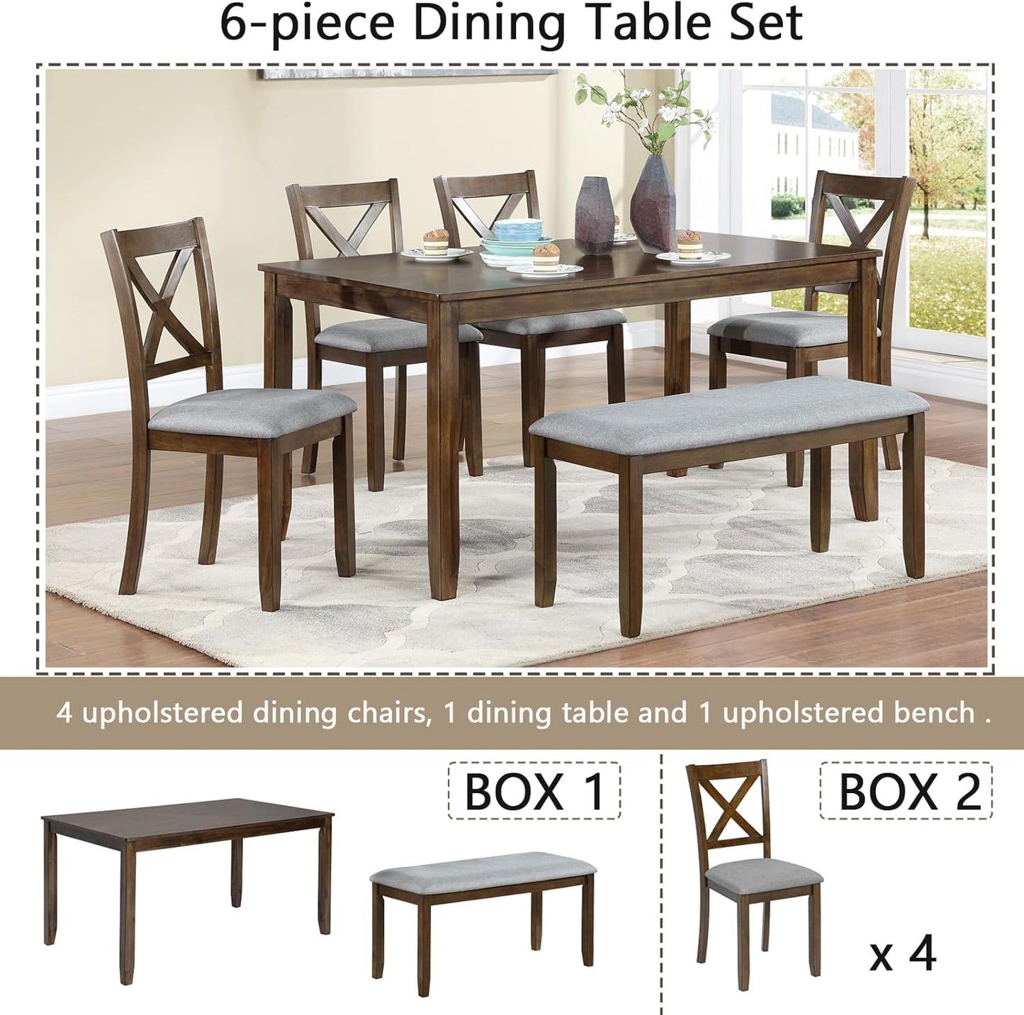soges 6 Piece Kitchen Dining Set, Rectangular Wooden Dining Table with 4 Upholstered Chairs and a Bench, Dining Table Set for 6 People, Living Room, Home Bar and Kitchen, Walnut