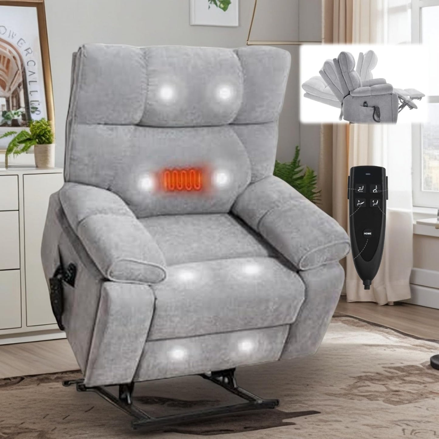 Dual Motor Power Lift Recliner Chair, 8 Positions Vibration Massage Recliner Chair, Chenille Fabric Recliner with Cup Holder, Vibration Massage and Lumbar Heating for Adults and Elderly, Grey