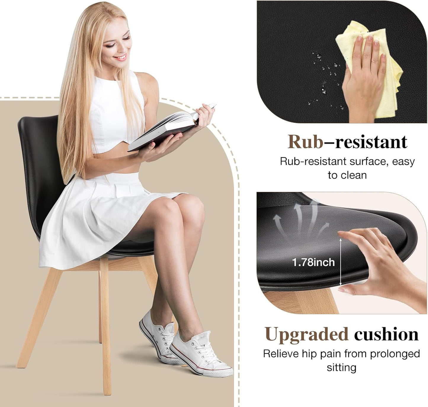 OLIXIS Dining Chairs Set of 4 Mid-Century Modern Dinning Chairs, Living Room Bedroom Outdoor Lounge Chair PU Leather Cushion and Wood Legs, Black